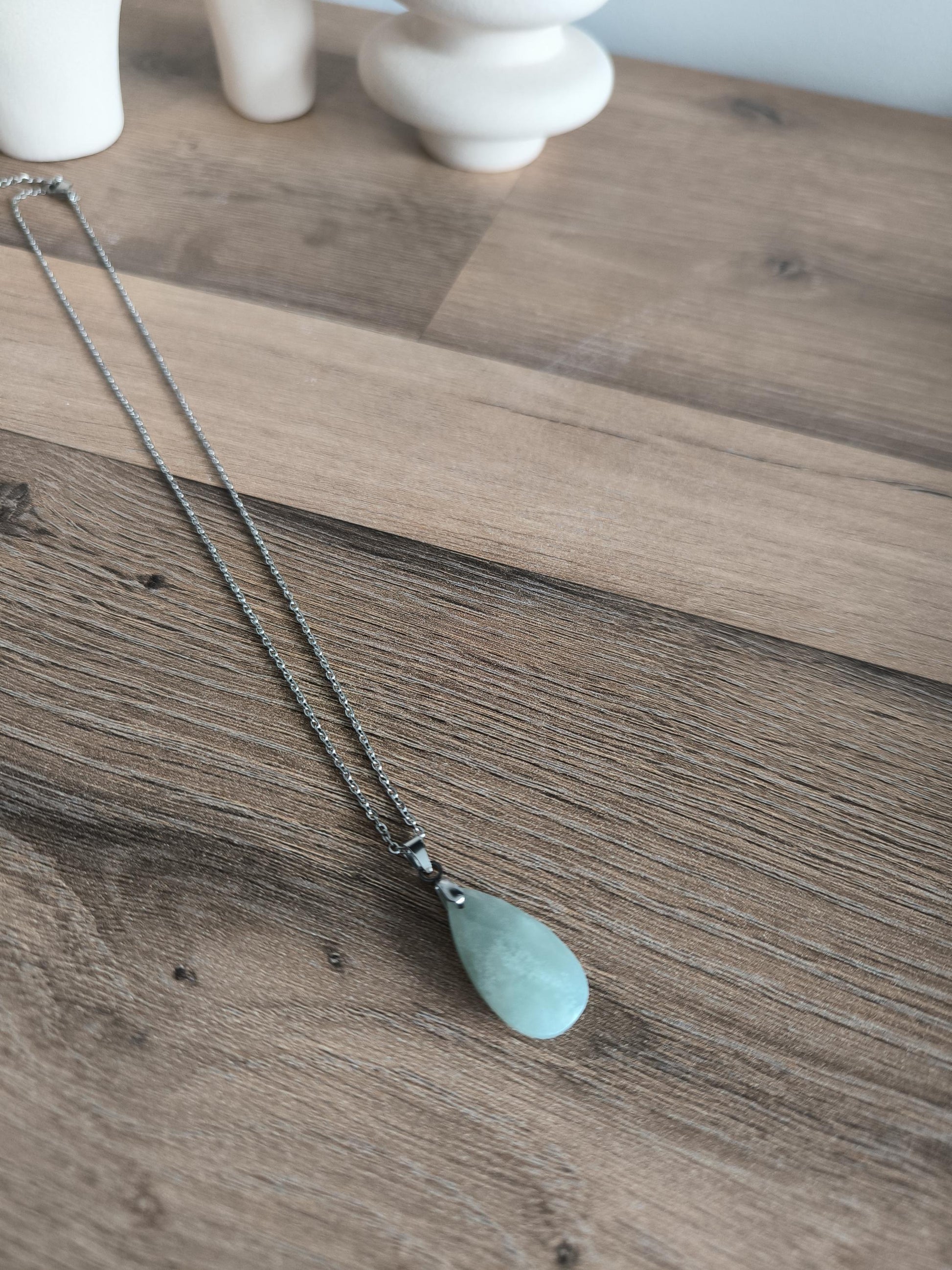 Edelstahl-Halskette mit Edelstein Anhänger, Aquamarin, Tigerauge, Labradorit, geschliffen, Boho, Modern, Geschenk für Sie, Stainless Steel