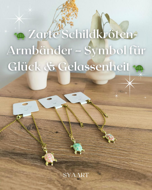Vergoldetes Edelstahl Armband mit Schildkröten-Anhänger | Rosa, Mint, Weiß mit Blumen | Boho Schmuck | Glücksbringer | Geschenk für Sie