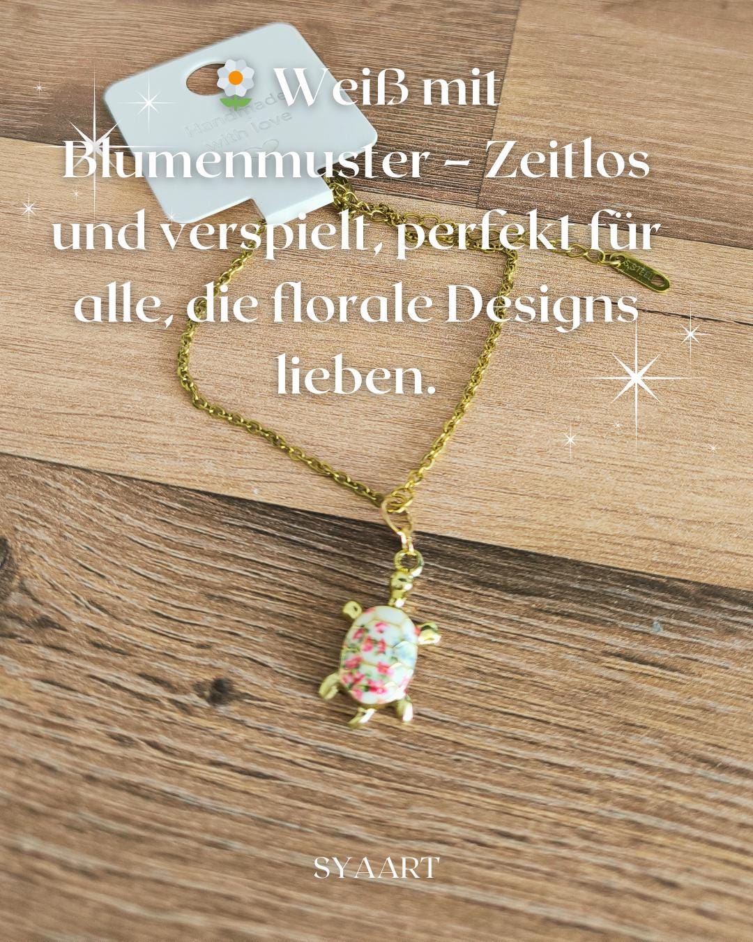 Vergoldetes Edelstahl Armband mit Schildkröten-Anhänger | Rosa, Mint, Weiß mit Blumen | Boho Schmuck | Glücksbringer | Geschenk für Sie