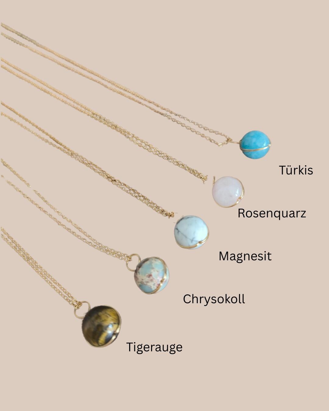 Vergoldete Edelstahl Halskette mit Edelstein-Anhänger | Tigerauge, Rosenquarz, Türkis, Magnesit, Chrysokoll | Boho Schmuck |Geschenk für Sie