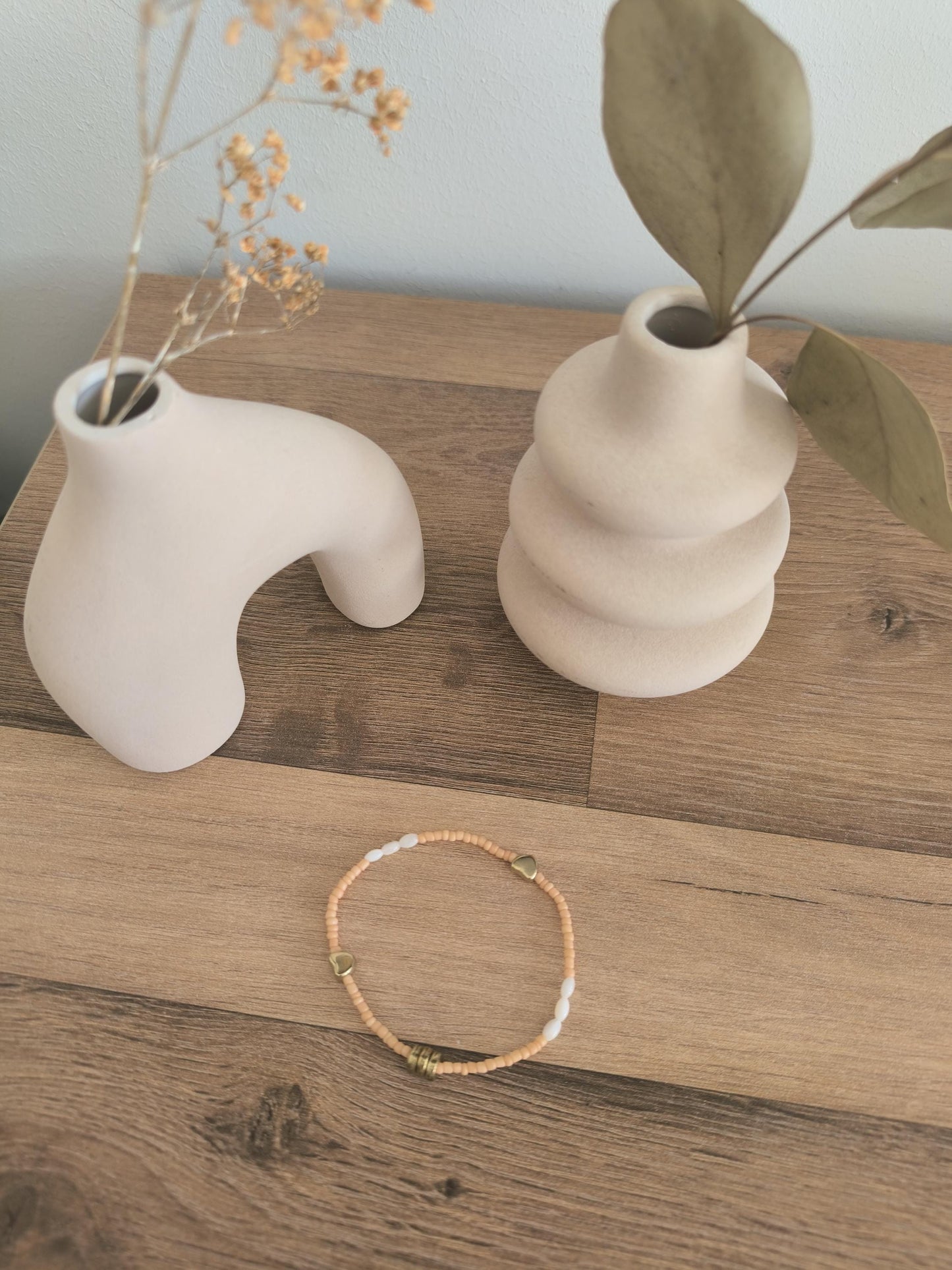 Boho Armband Set Rosa Gold | Perlenarmband mit Muschel Herz | Edelstahl Armband mit Glitzerperlen | 2-teilig | Handmade | Stainless Steel