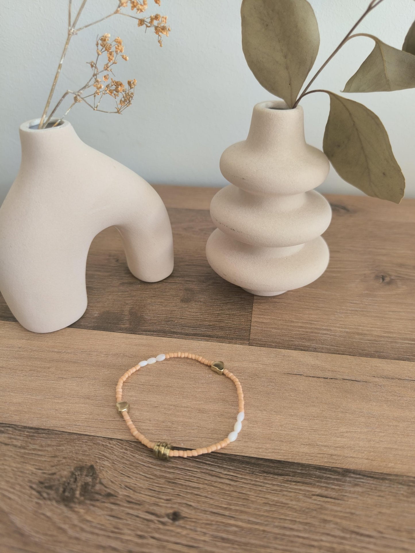 Boho Armband Set Rosa Gold | Perlenarmband mit Muschel Herz | Edelstahl Armband mit Glitzerperlen | 2-teilig | Handmade | Stainless Steel