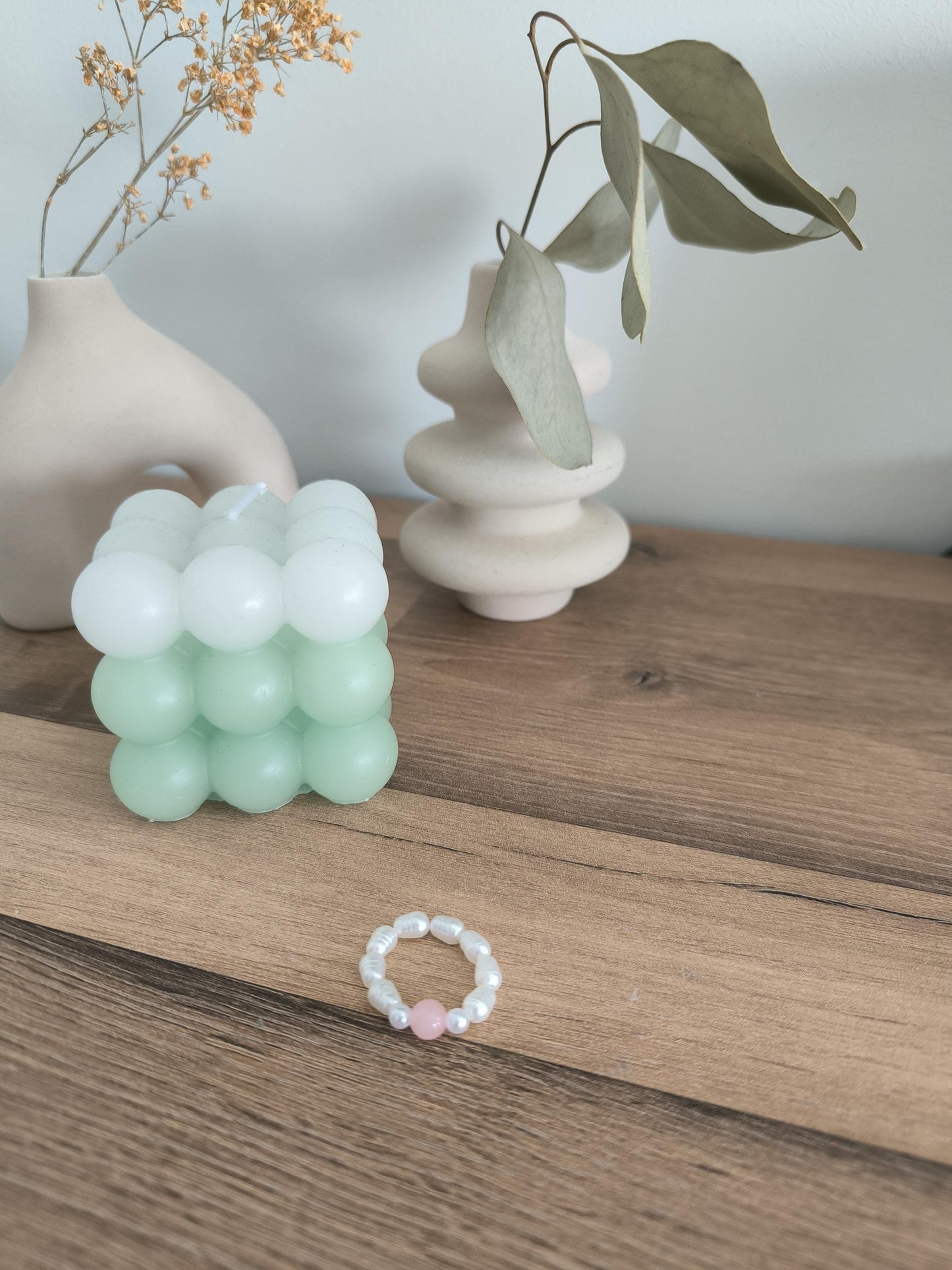 Schmuck Set Rosenquarz Ring und Perlen Ohrringe | 14k vergoldet | Boho Schmuck | Herz und Blumen Perlen | Geschenk für Frauen