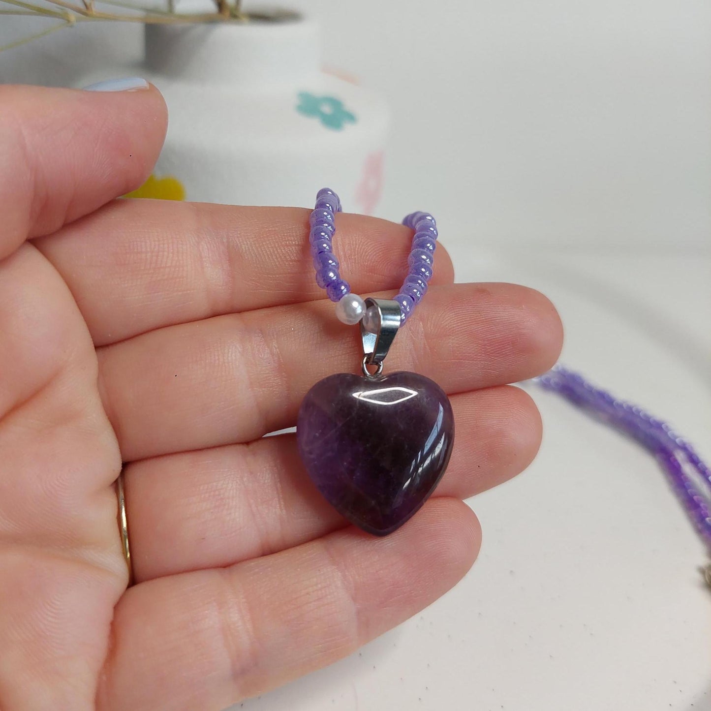 Amethyst Herz Kette lila | Edelstein | Boho handmade | Amethyst Anhänger | Elastische Perlenkette | Edelstahl Verschluss | Geschenk für sie