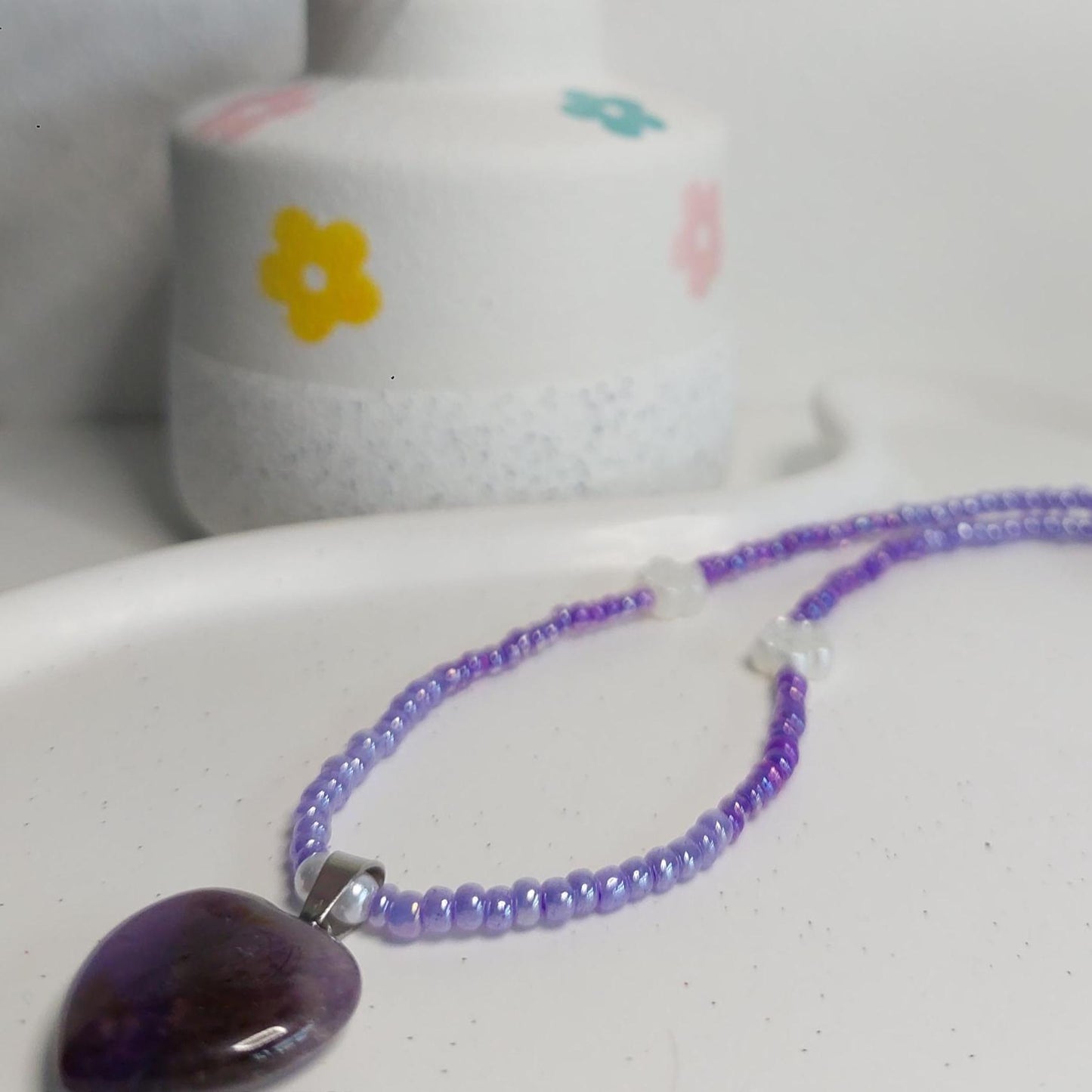 Amethyst Herz Kette lila | Edelstein | Boho handmade | Amethyst Anhänger | Elastische Perlenkette | Edelstahl Verschluss | Geschenk für sie
