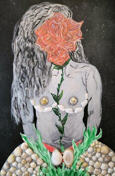 Woman in Universe - Trandafir - Tanya Silva - Acryl, Organisches Material auf Leinwand
