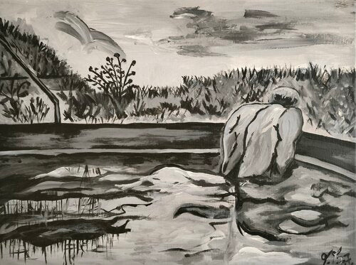 "Him" in the Pool - Tanya Silva - Acryl auf Leinwand