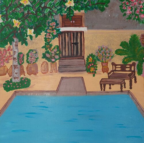 Mediterráneo - Dreamhouse with pool - Tanya Silva - Acryl auf Leinwand