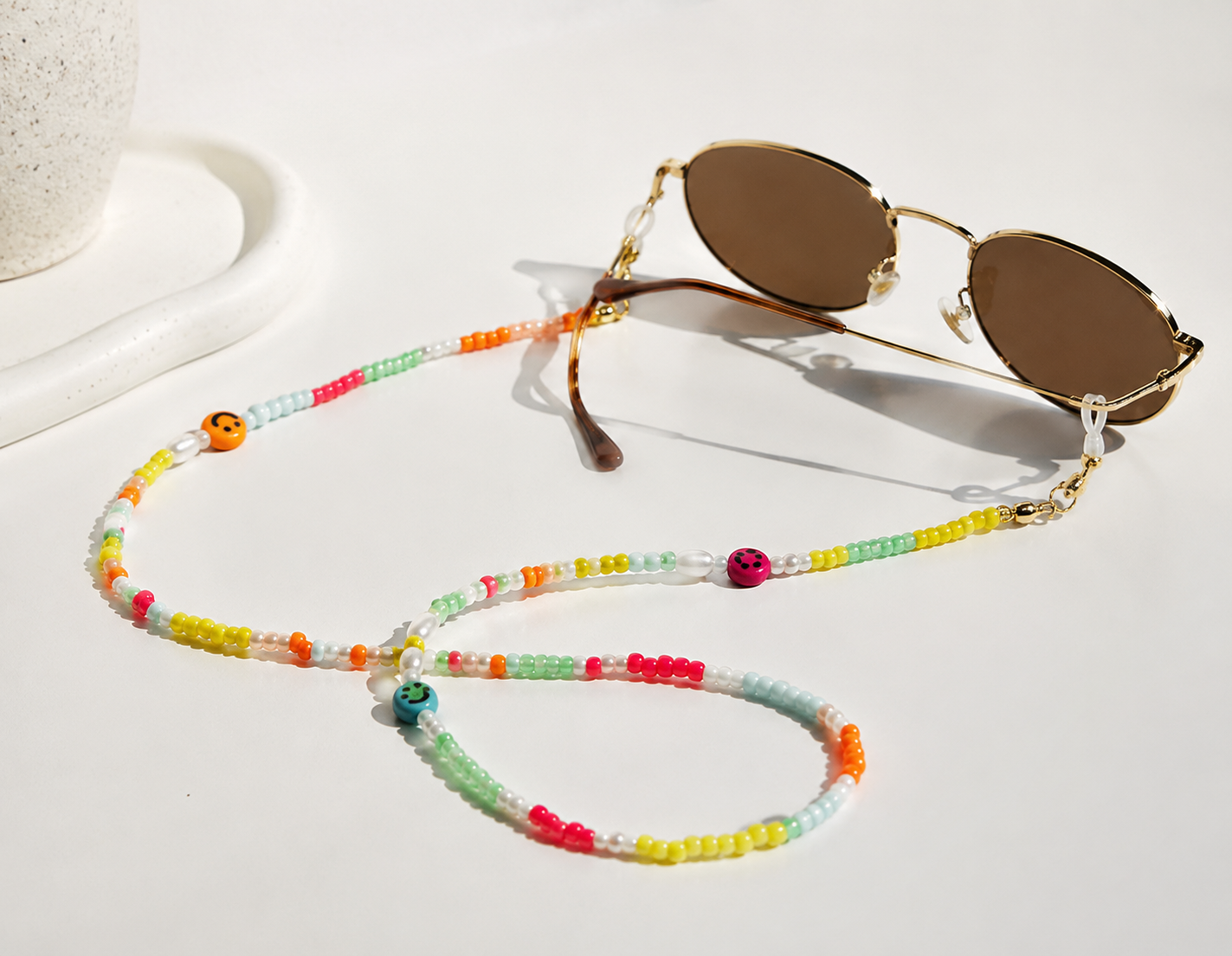 Bunte Brillenkette mit Perlen und Smileys | Handgemachte Brillenkette | Sommer | Boho |Perlenkette Brille | Accessoire für Sonnen - Brille