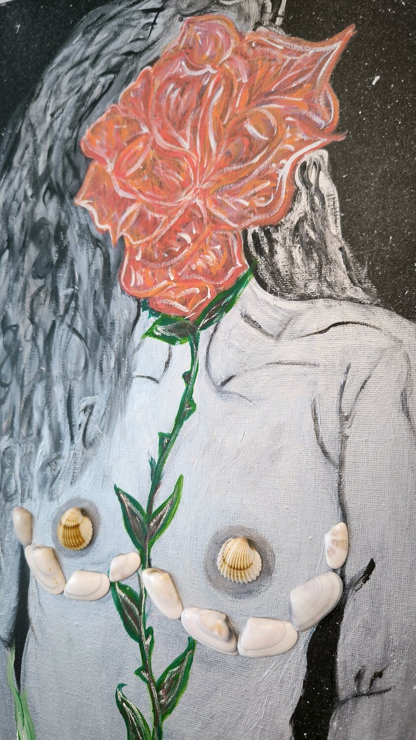 Woman in Universe - Trandafir - Tanya Silva - Acryl, Organisches Material auf Leinwand