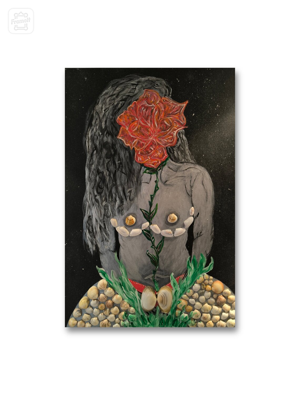 Woman in Universe - Trandafir - Tanya Silva - Acryl, Organisches Material auf Leinwand