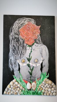 Woman in Universe - Trandafir - Tanya Silva - Acryl, Organisches Material auf Leinwand