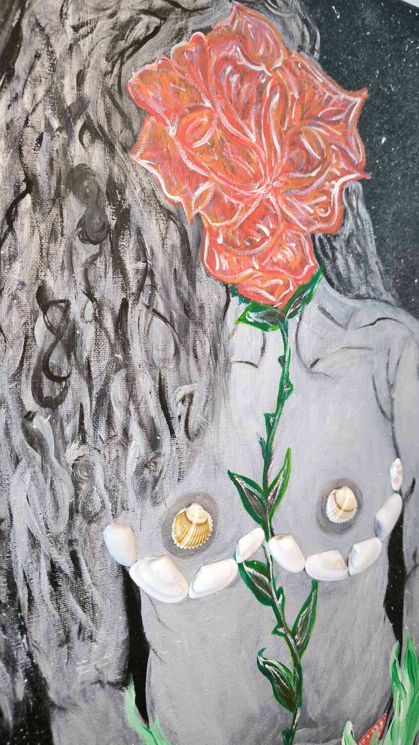 Woman in Universe - Trandafir - Tanya Silva - Acryl, Organisches Material auf Leinwand