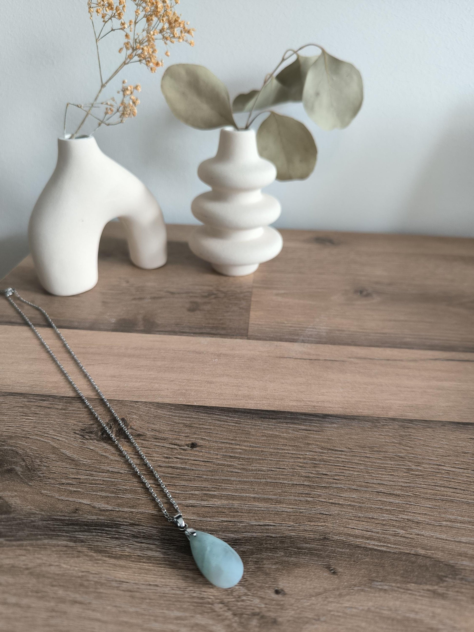 Edelstahl-Halskette mit Edelstein Anhänger, Aquamarin, Tigerauge, Labradorit, geschliffen, Boho, Modern, Geschenk für Sie, Stainless Steel