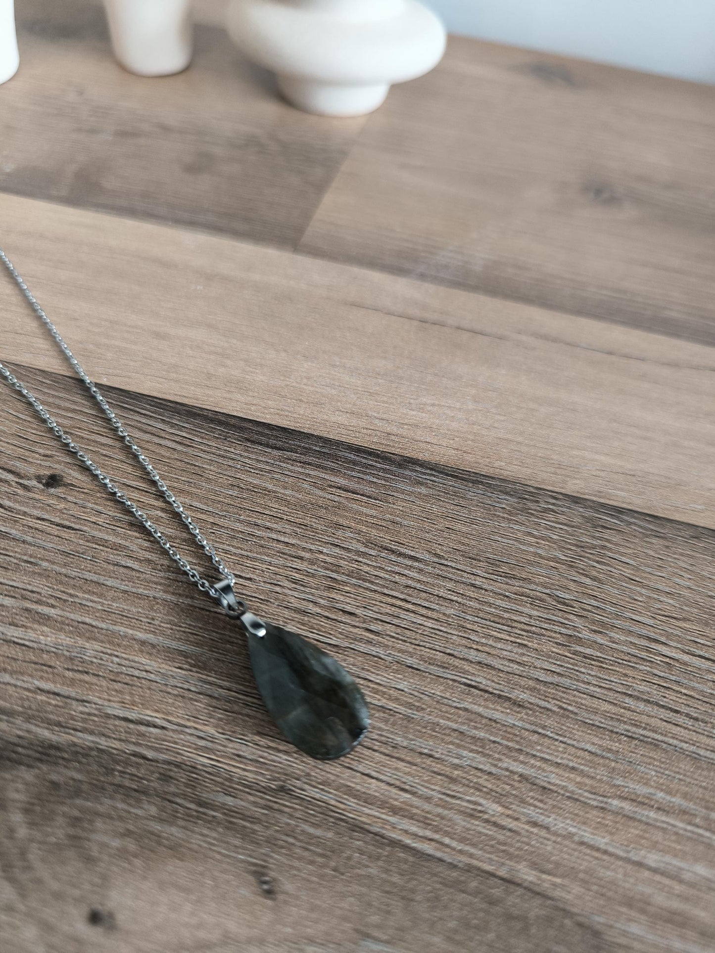 Edelstahl-Halskette mit Edelstein Anhänger, Aquamarin, Tigerauge, Labradorit, geschliffen, Boho, Modern, Geschenk für Sie, Stainless Steel