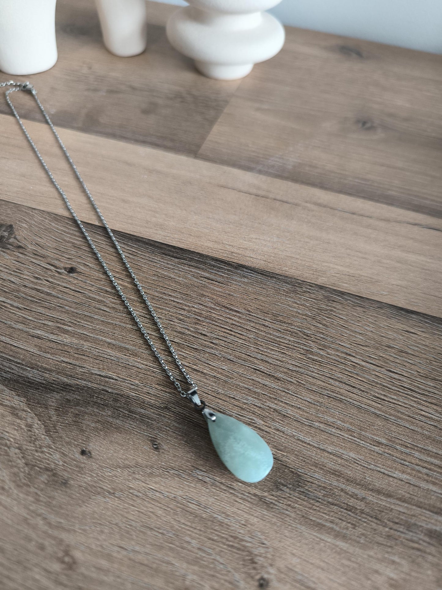 Edelstahl-Halskette mit Edelstein Anhänger, Aquamarin, Tigerauge, Labradorit, geschliffen, Boho, Modern, Geschenk für Sie, Stainless Steel