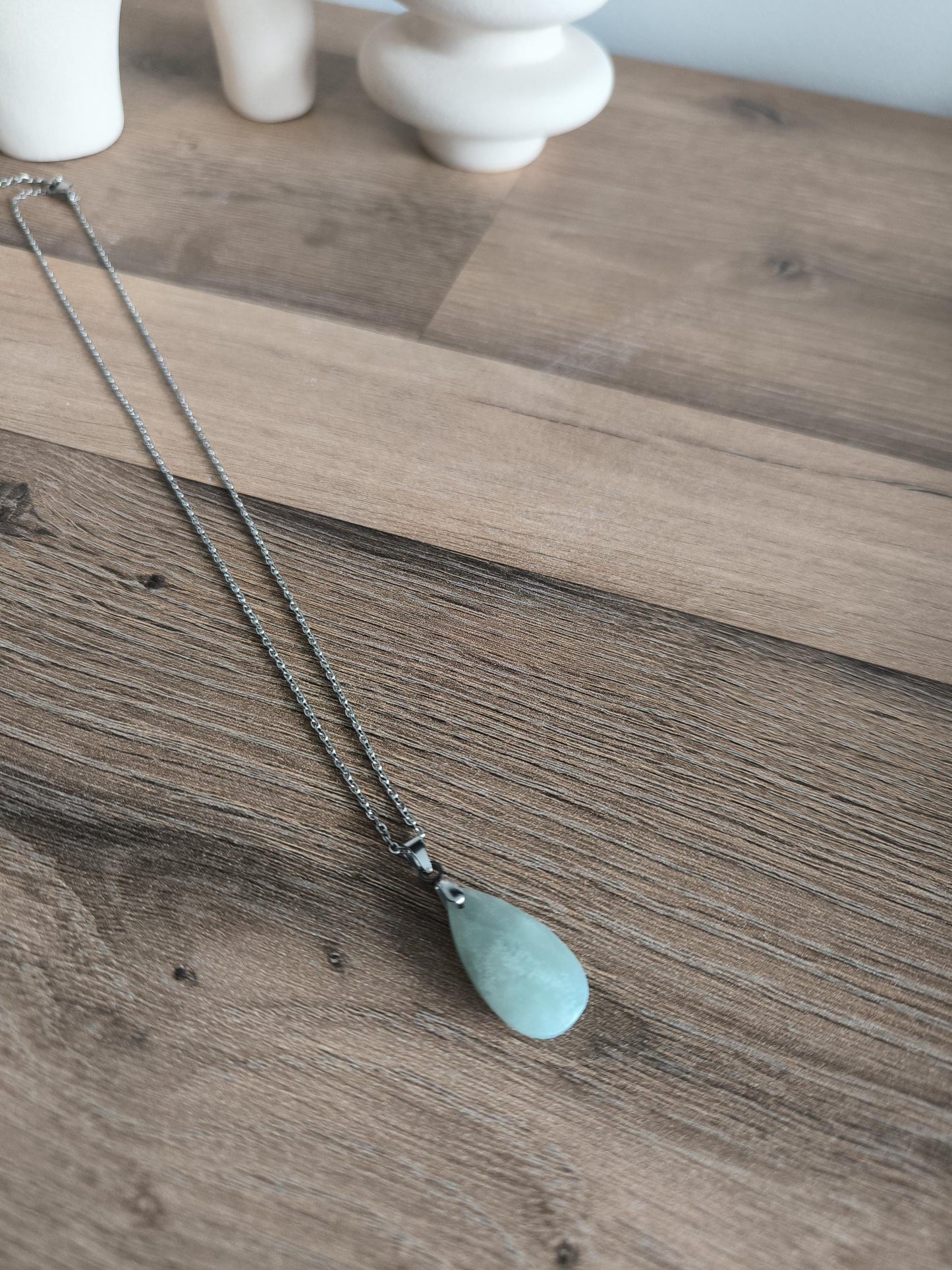 Edelstahl-Halskette mit Edelstein Anhänger, Aquamarin, Tigerauge, Labradorit, geschliffen, Boho, Modern, Geschenk für Sie, Stainless Steel