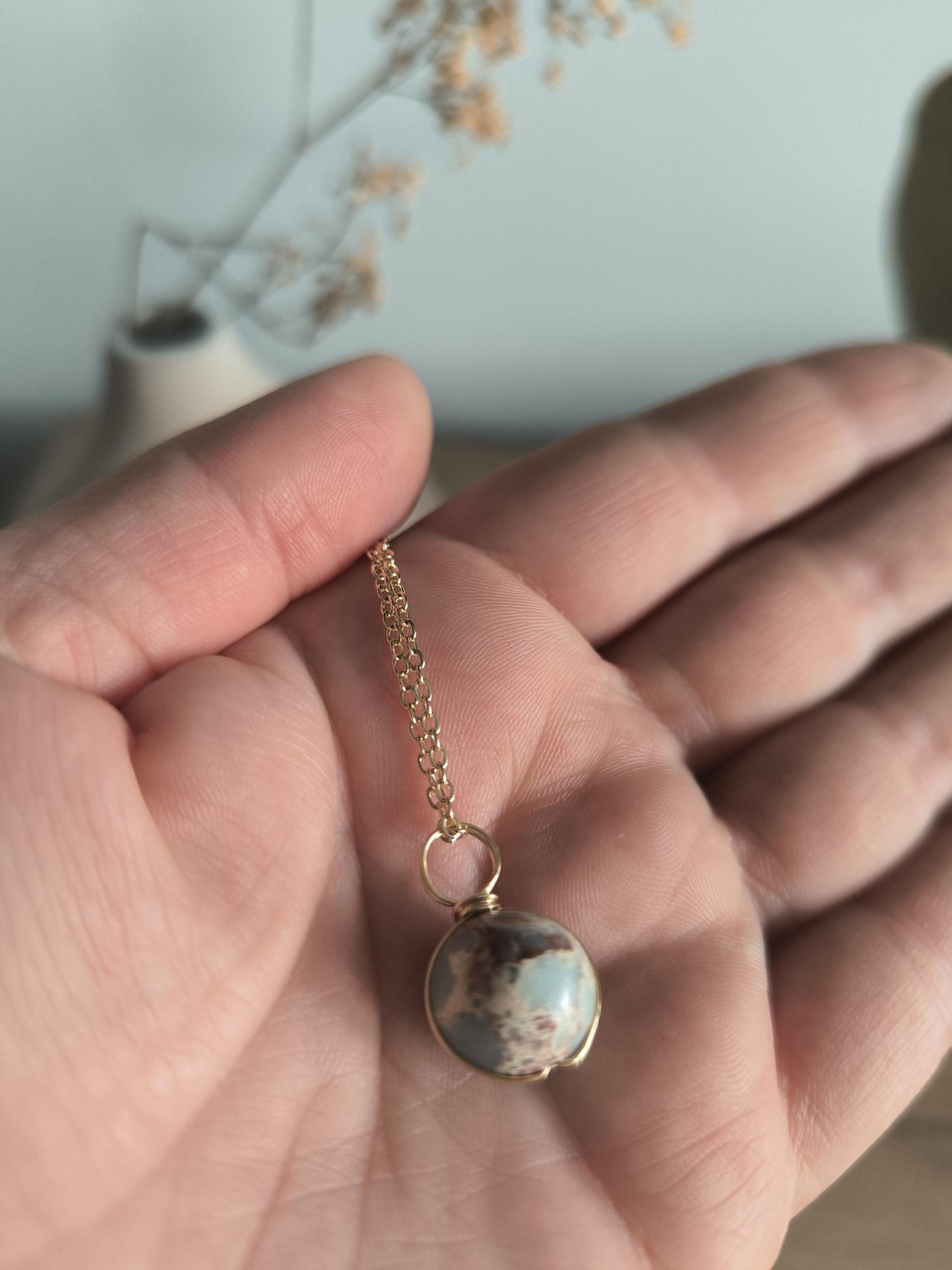 Vergoldete Edelstahl Halskette mit Edelstein-Anhänger | Tigerauge, Rosenquarz, Türkis, Magnesit, Chrysokoll | Boho Schmuck |Geschenk für Sie