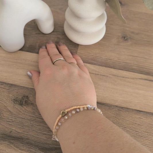 Boho Armband Set Rosa Gold | Perlenarmband mit Muschel Herz | Edelstahl Armband mit Glitzerperlen | 2-teilig | Handmade | Stainless Steel