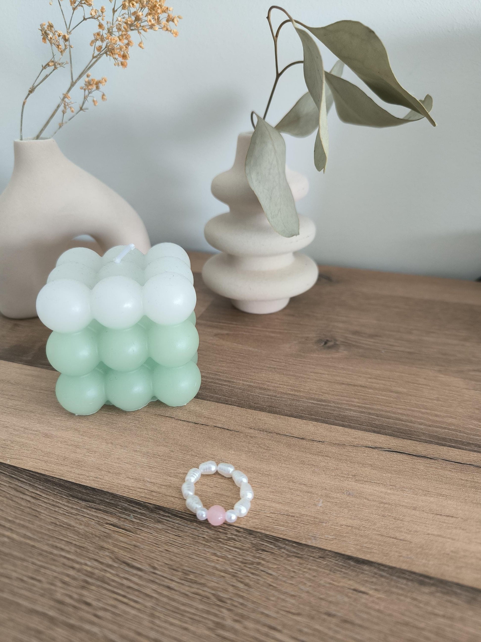 Schmuck Set Rosenquarz Ring und Perlen Ohrringe | 14k vergoldet | Boho Schmuck | Herz und Blumen Perlen | Geschenk für Frauen