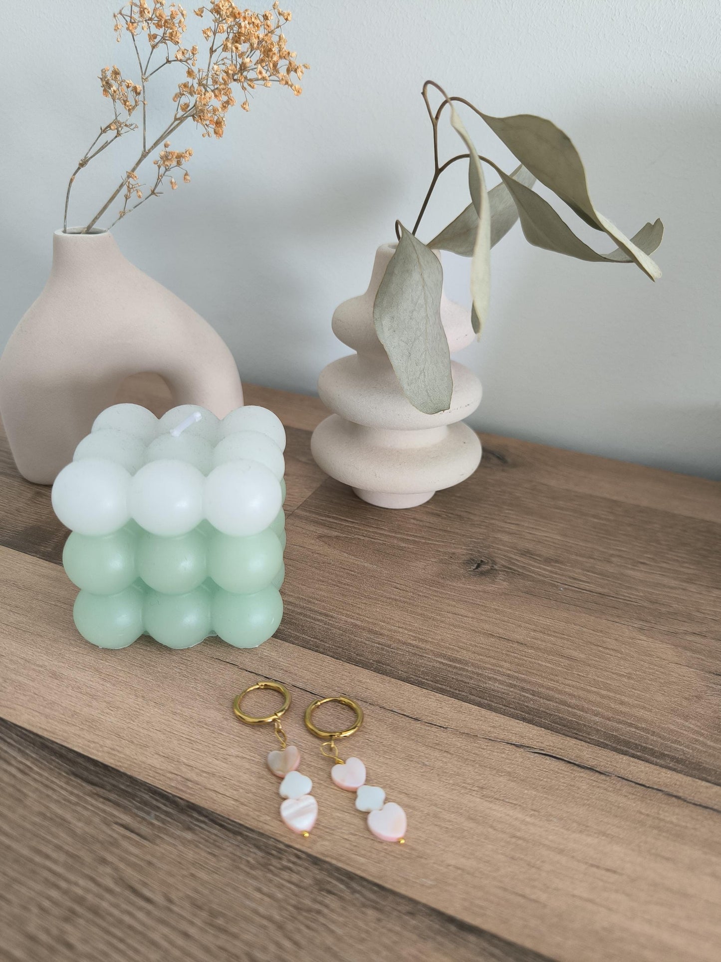 Schmuck Set Rosenquarz Ring und Perlen Ohrringe | 14k vergoldet | Boho Schmuck | Herz und Blumen Perlen | Geschenk für Frauen