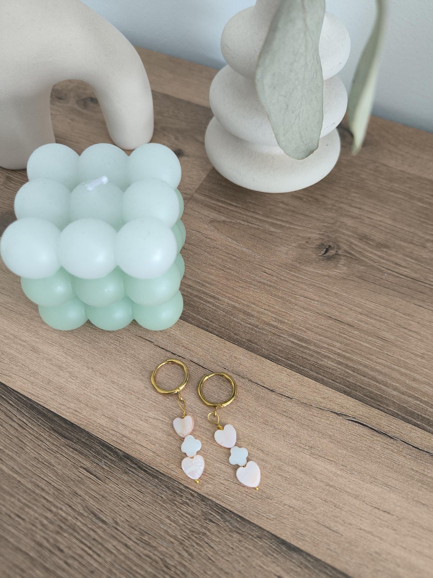 Schmuck Set Rosenquarz Ring und Perlen Ohrringe | 14k vergoldet | Boho Schmuck | Herz und Blumen Perlen | Geschenk für Frauen