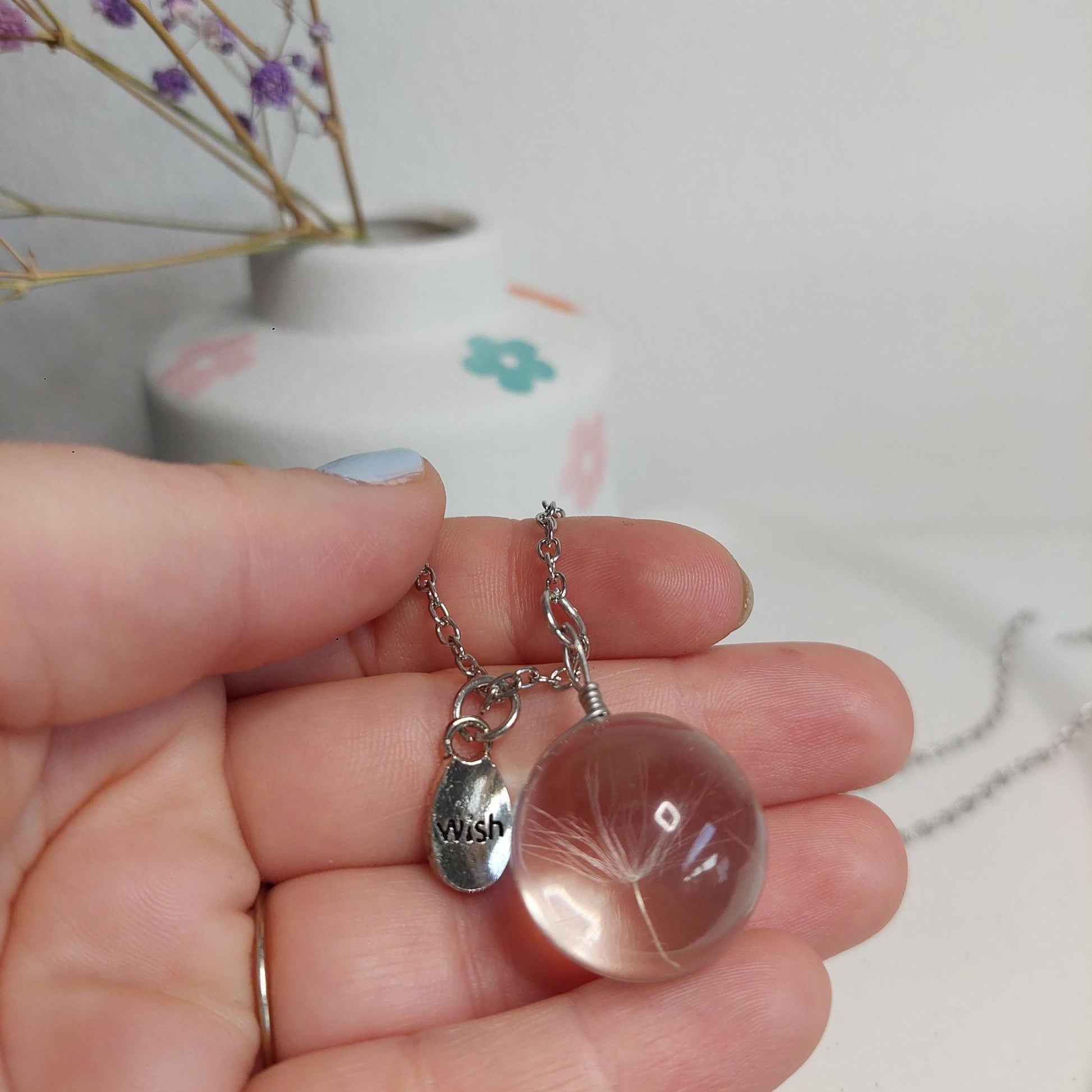 Pusteblumen Kette Edelstahl – Glasperlen Kette mit echter Pusteblume, Wunschkette, spirituelle Halskette, Geschenk für Frauen