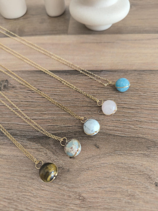 Vergoldete Edelstahl Halskette mit Edelstein-Anhänger | Tigerauge, Rosenquarz, Türkis, Magnesit, Chrysokoll | Boho Schmuck |Geschenk für Sie