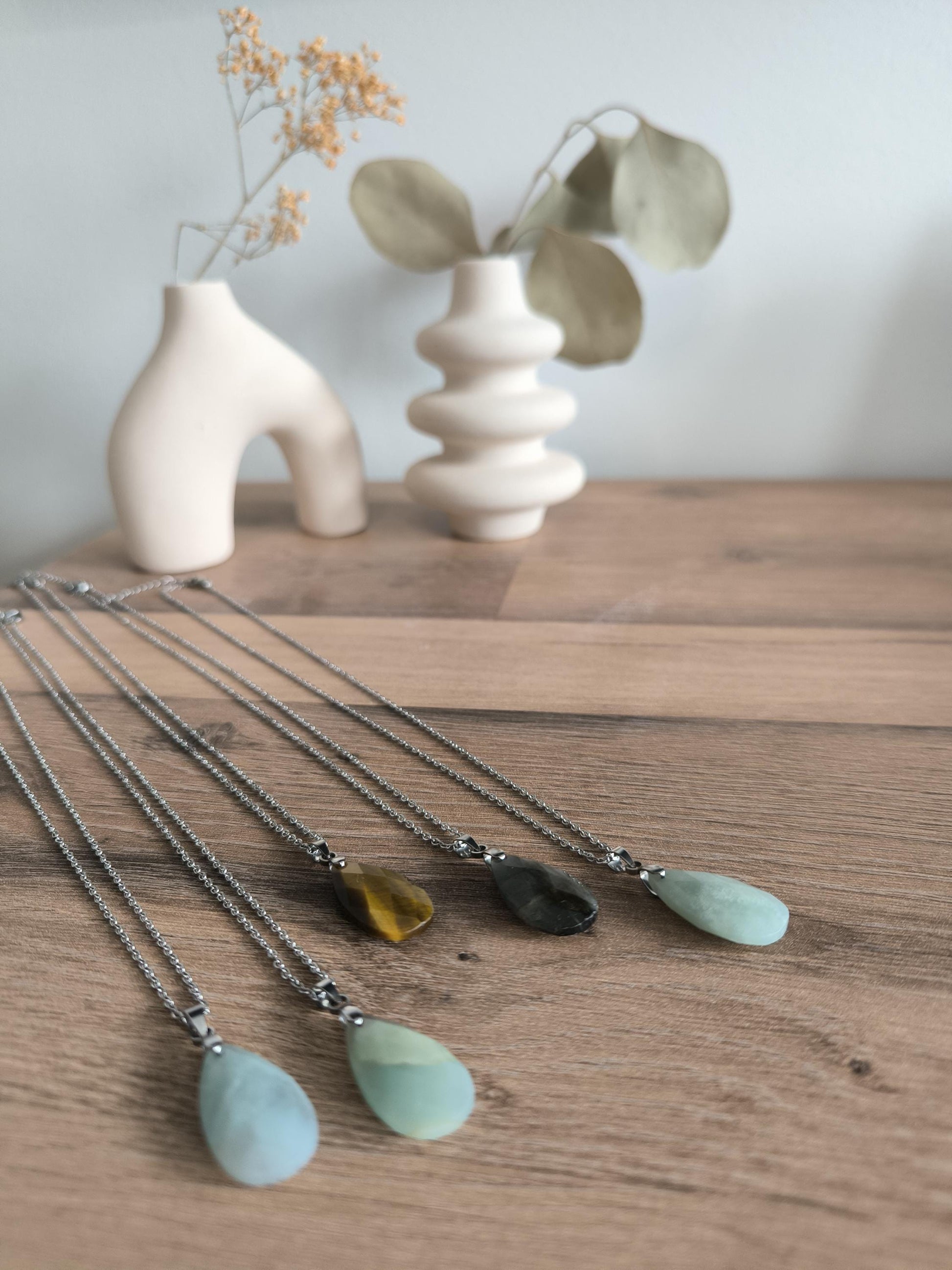 Edelstahl-Halskette mit Edelstein Anhänger, Aquamarin, Tigerauge, Labradorit, geschliffen, Boho, Modern, Geschenk für Sie, Stainless Steel