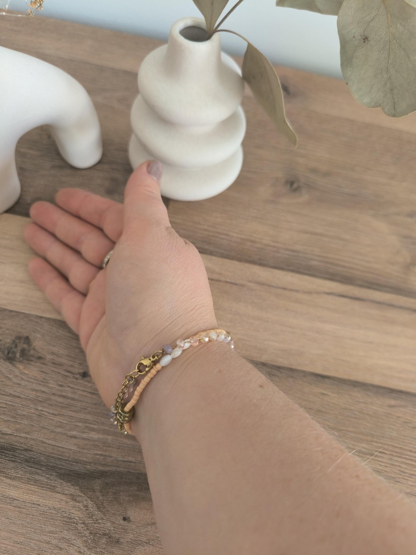 Boho Armband Set Rosa Gold | Perlenarmband mit Muschel Herz | Edelstahl Armband mit Glitzerperlen | 2-teilig | Handmade | Stainless Steel