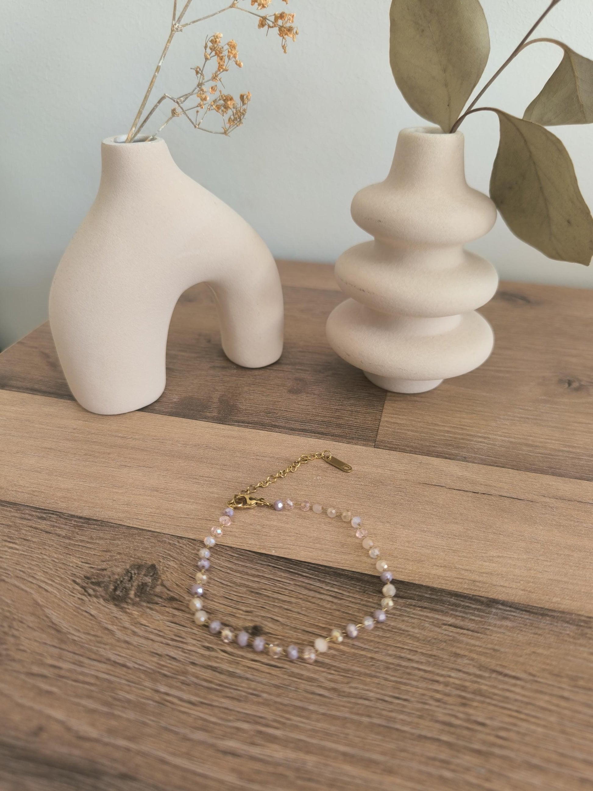 Boho Armband Set Rosa Gold | Perlenarmband mit Muschel Herz | Edelstahl Armband mit Glitzerperlen | 2-teilig | Handmade | Stainless Steel