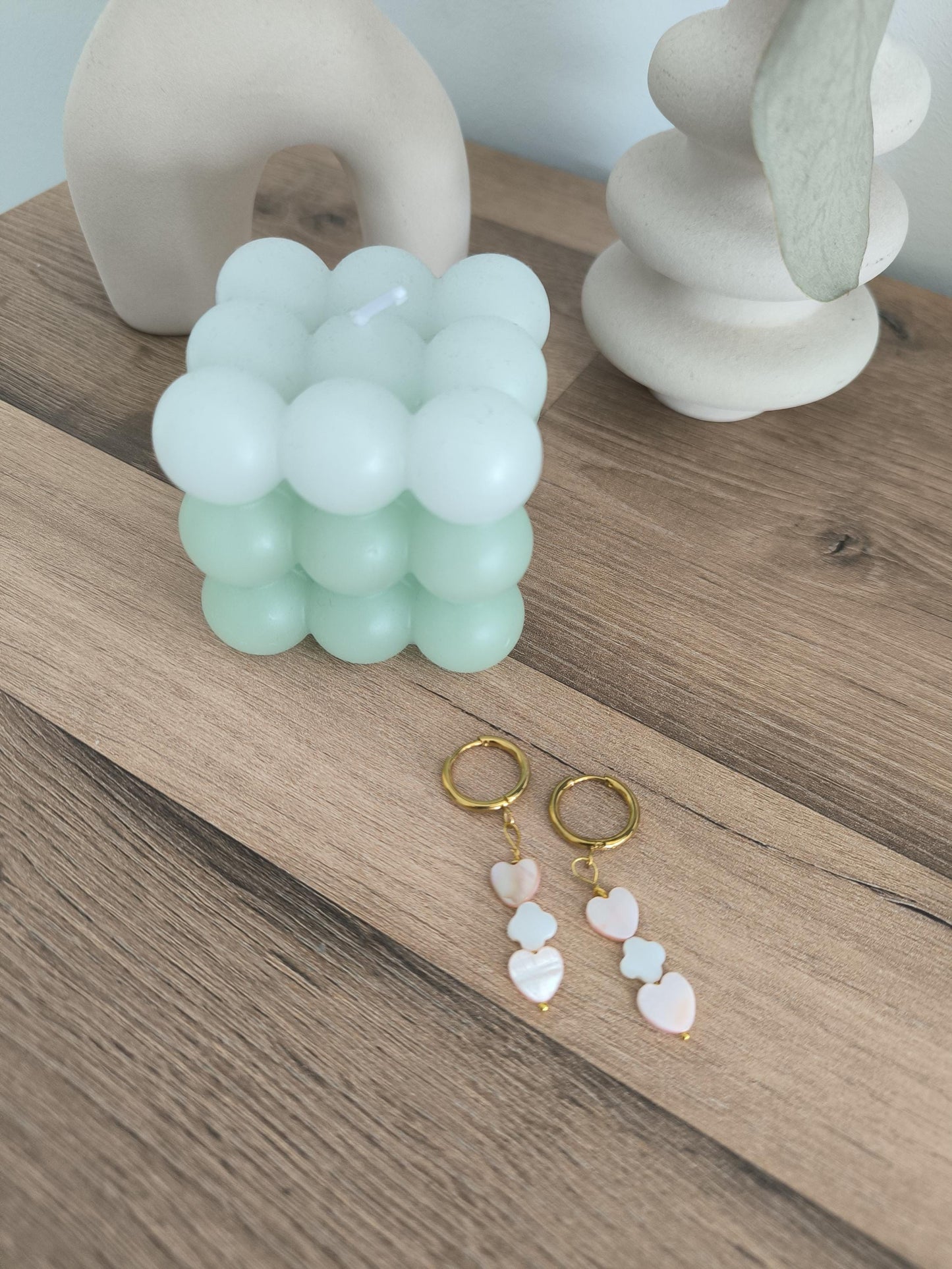 Schmuck Set Rosenquarz Ring und Perlen Ohrringe | 14k vergoldet | Boho Schmuck | Herz und Blumen Perlen | Geschenk für Frauen