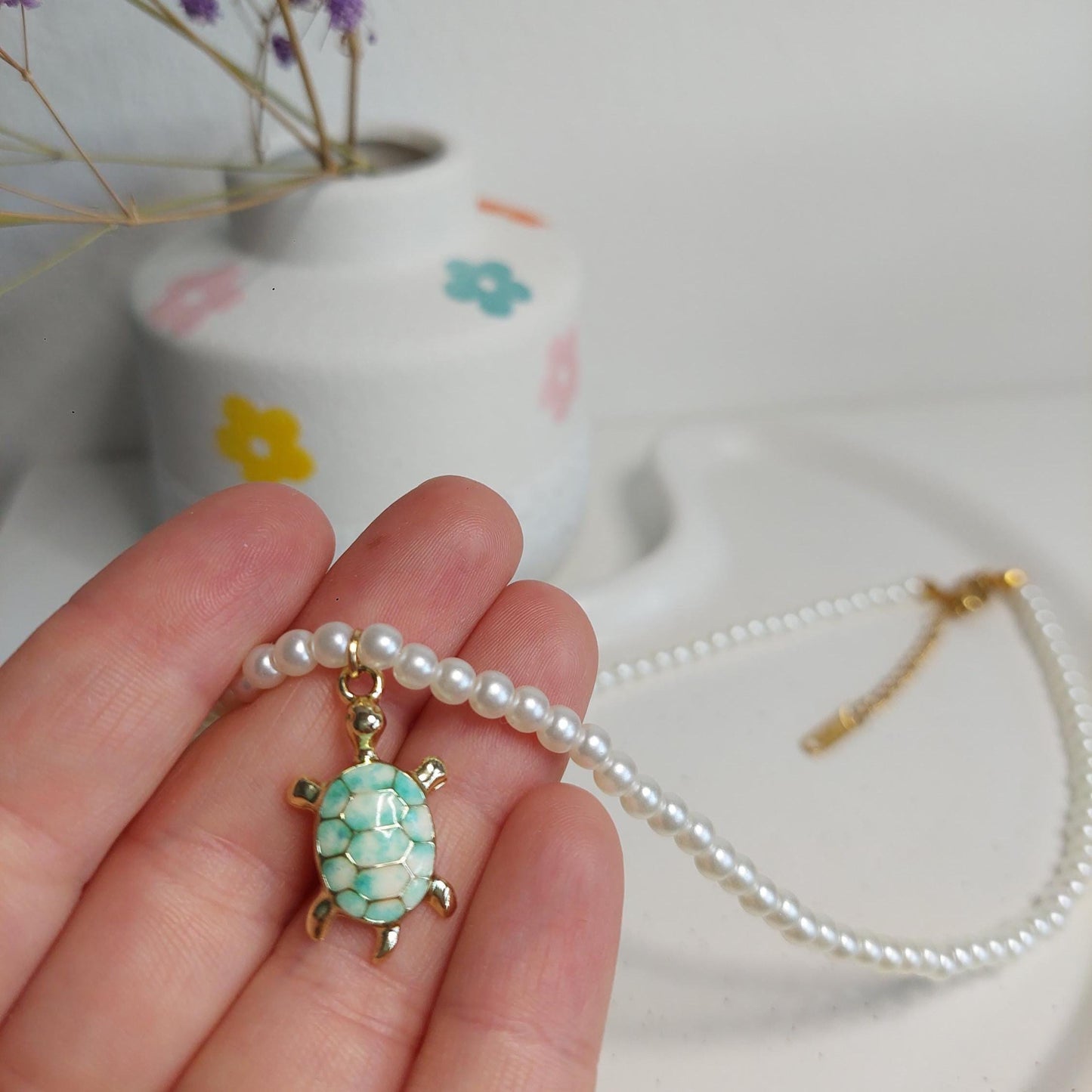 Schildkröten Halskette mit Perlen | Boho Perlenkette | Edelstahl vergoldet | Sommer Schmuck | Schildkröten Anhänger | Handmade| Geschenkidee