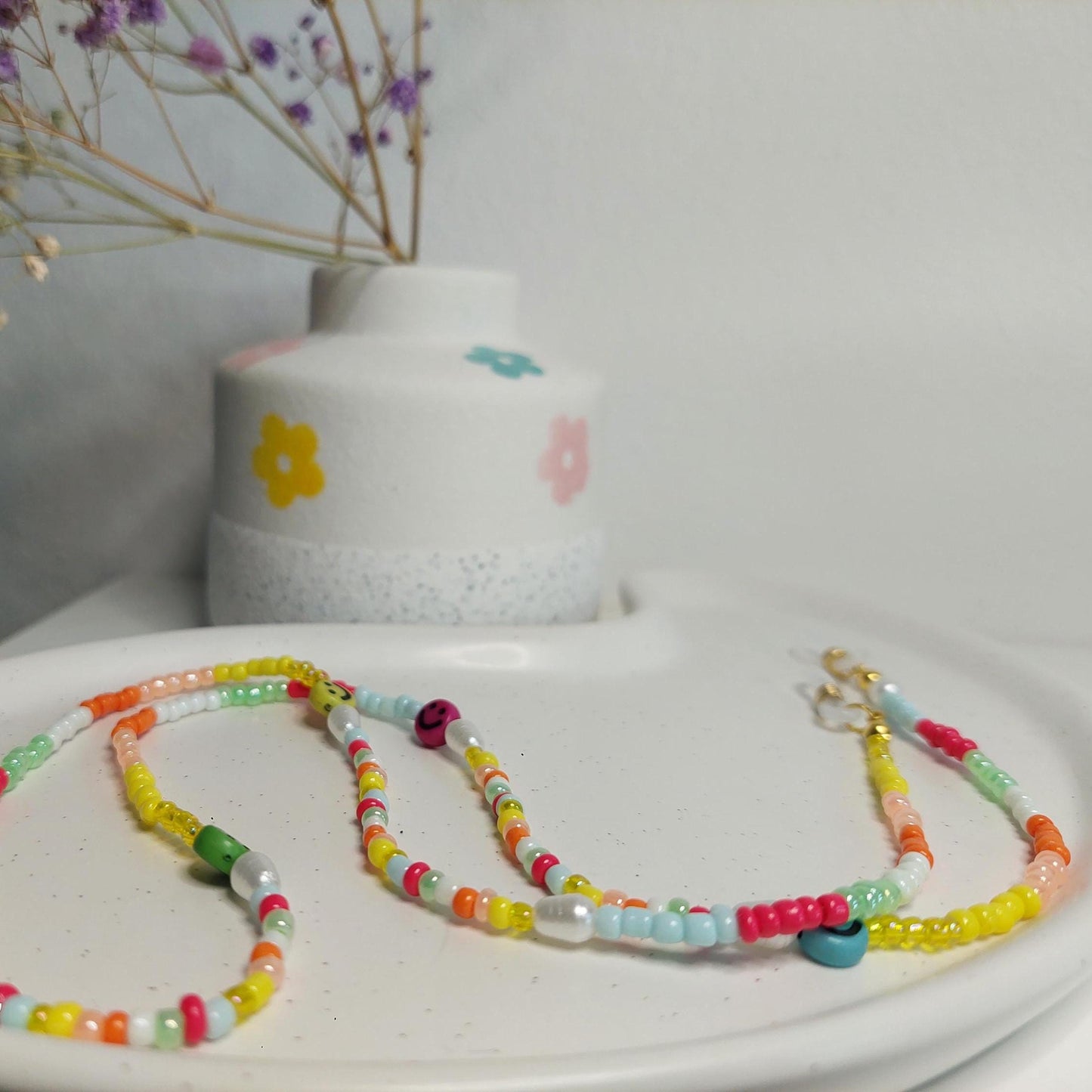 Bunte Brillenkette mit Perlen und Smileys | Handgemachte Brillenkette | Sommer | Boho |Perlenkette Brille | Accessoire für Sonnen - Brille