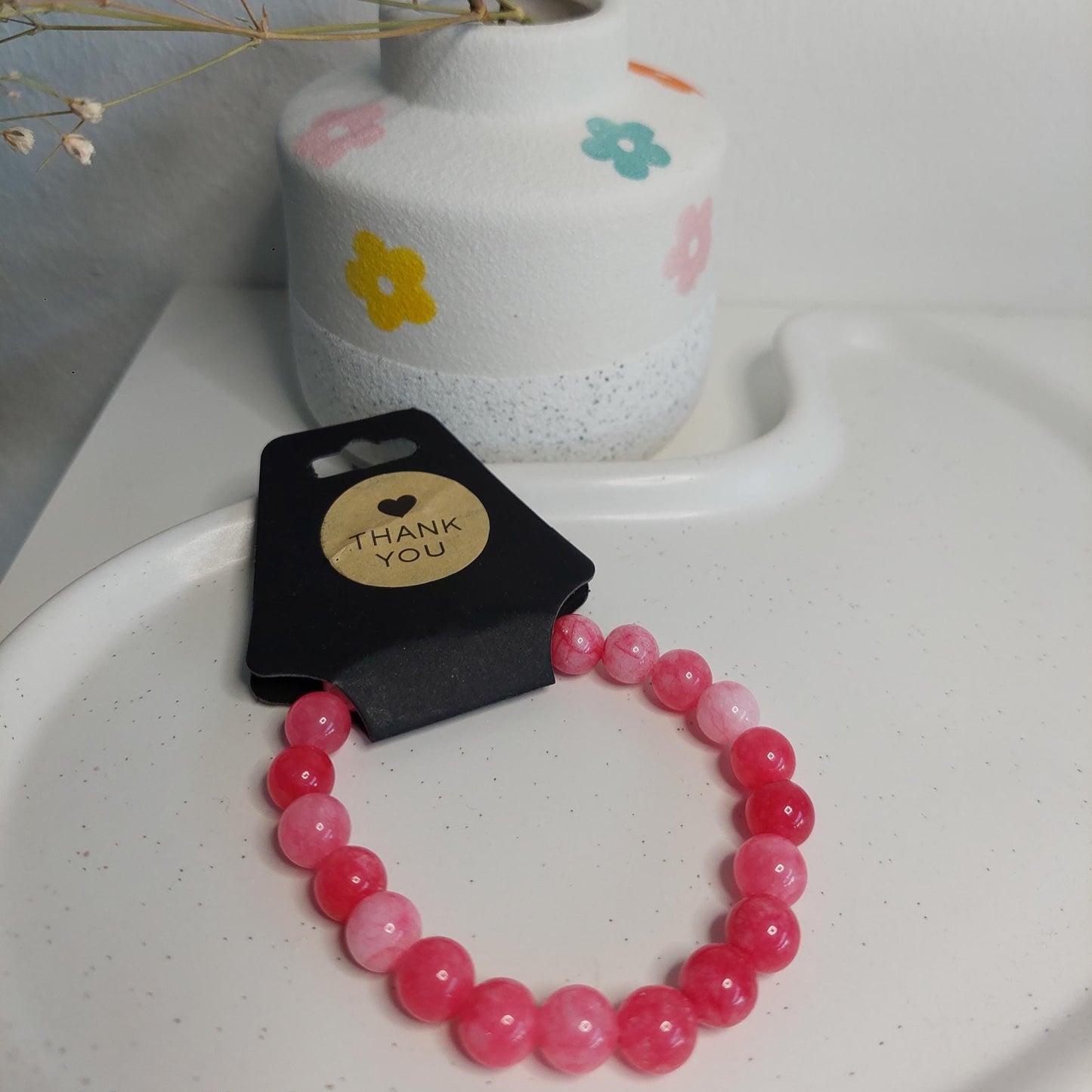 Edelstein Armband | Heilstein Armband aus echten Steinen | New Beginnings Erdbeerquarz, Moosachat, Jade | Gummiband | Handgemachtes Geschenk