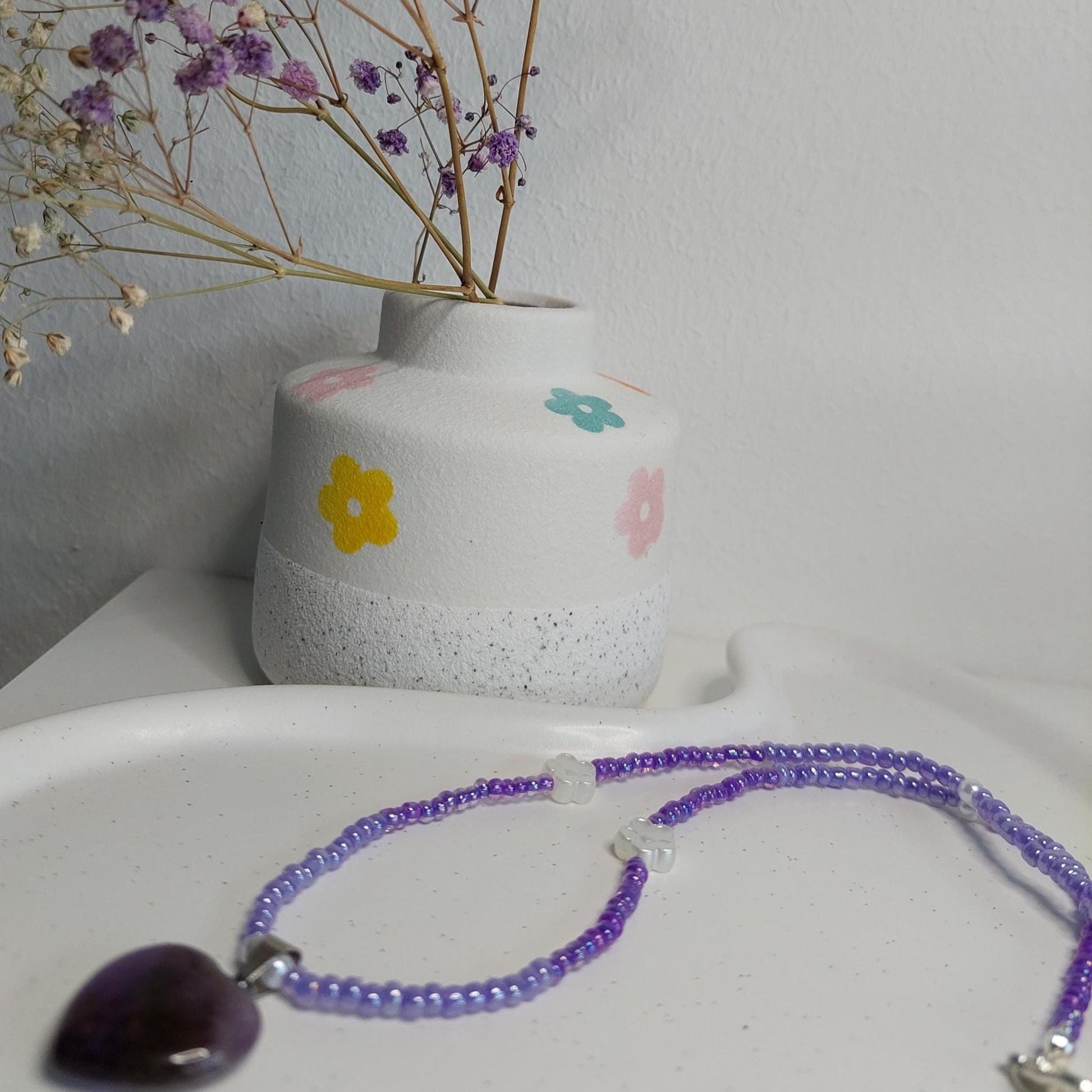 Amethyst Herz Kette lila | Edelstein | Boho handmade | Amethyst Anhänger | Elastische Perlenkette | Edelstahl Verschluss | Geschenk für sie