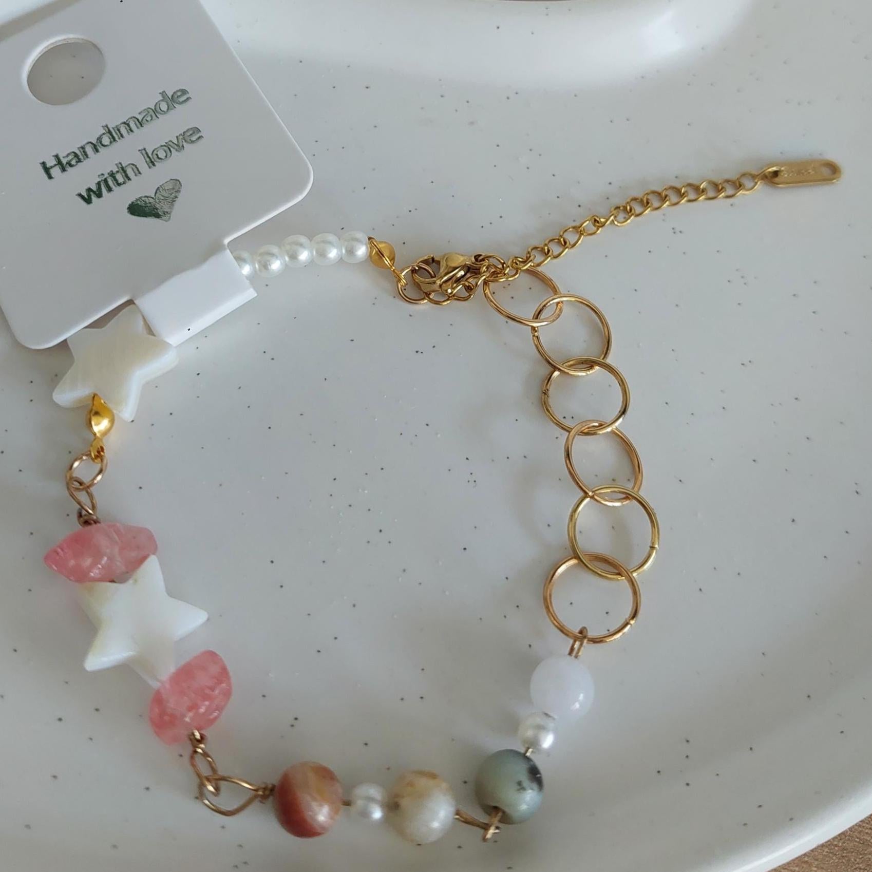 Edelstein Armband mit Sternen | zartes Armband aus echten Steinen | Edelstahl vergoldet | Boho Armband | Stern Schmuck | Handmade Geschenk