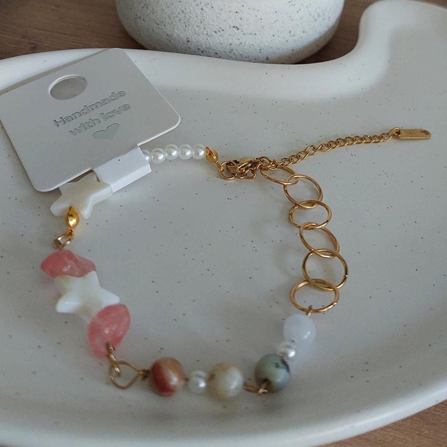 Edelstein Armband mit Sternen | zartes Armband aus echten Steinen | Edelstahl vergoldet | Boho Armband | Stern Schmuck | Handmade Geschenk