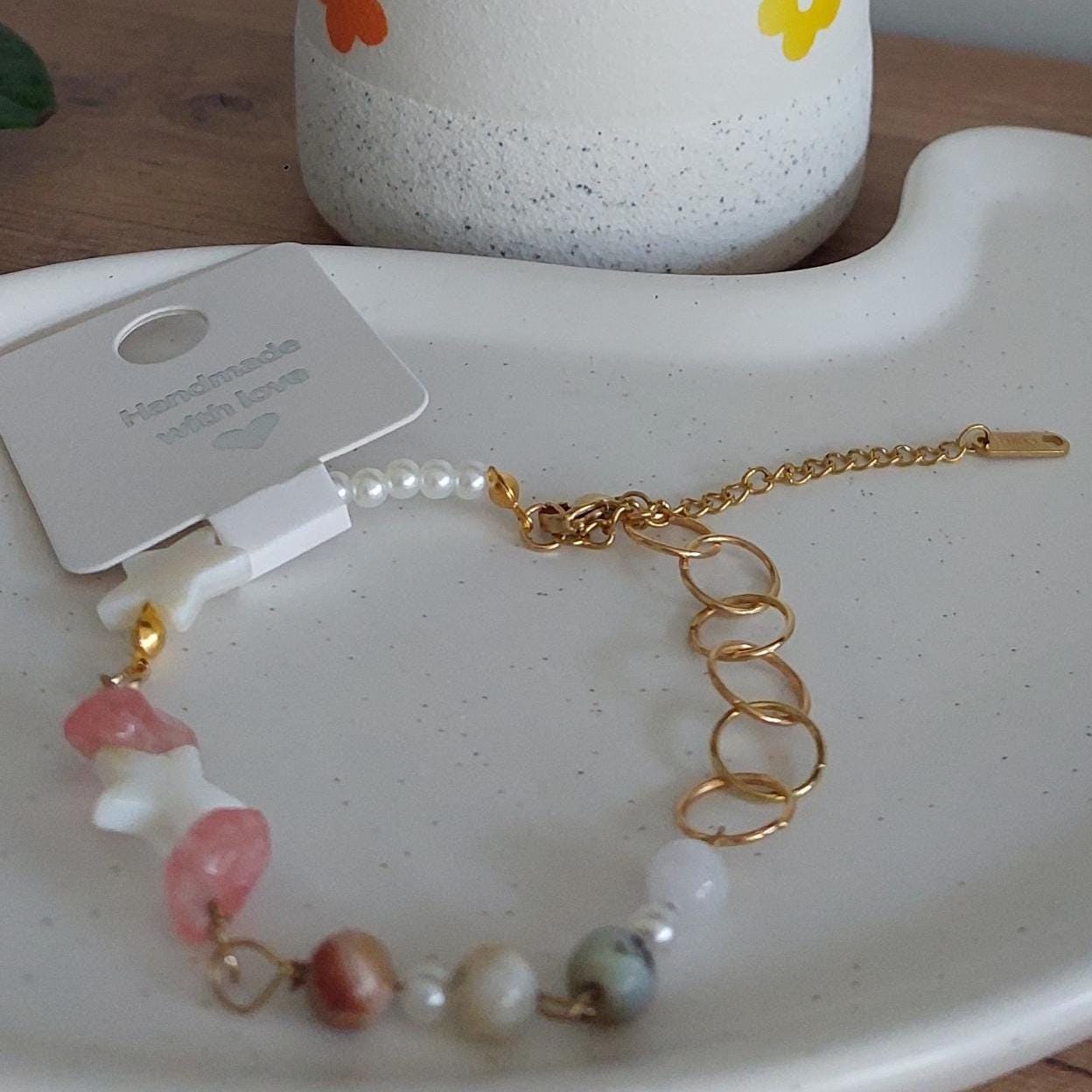 Edelstein Armband mit Sternen | zartes Armband aus echten Steinen | Edelstahl vergoldet | Boho Armband | Stern Schmuck | Handmade Geschenk