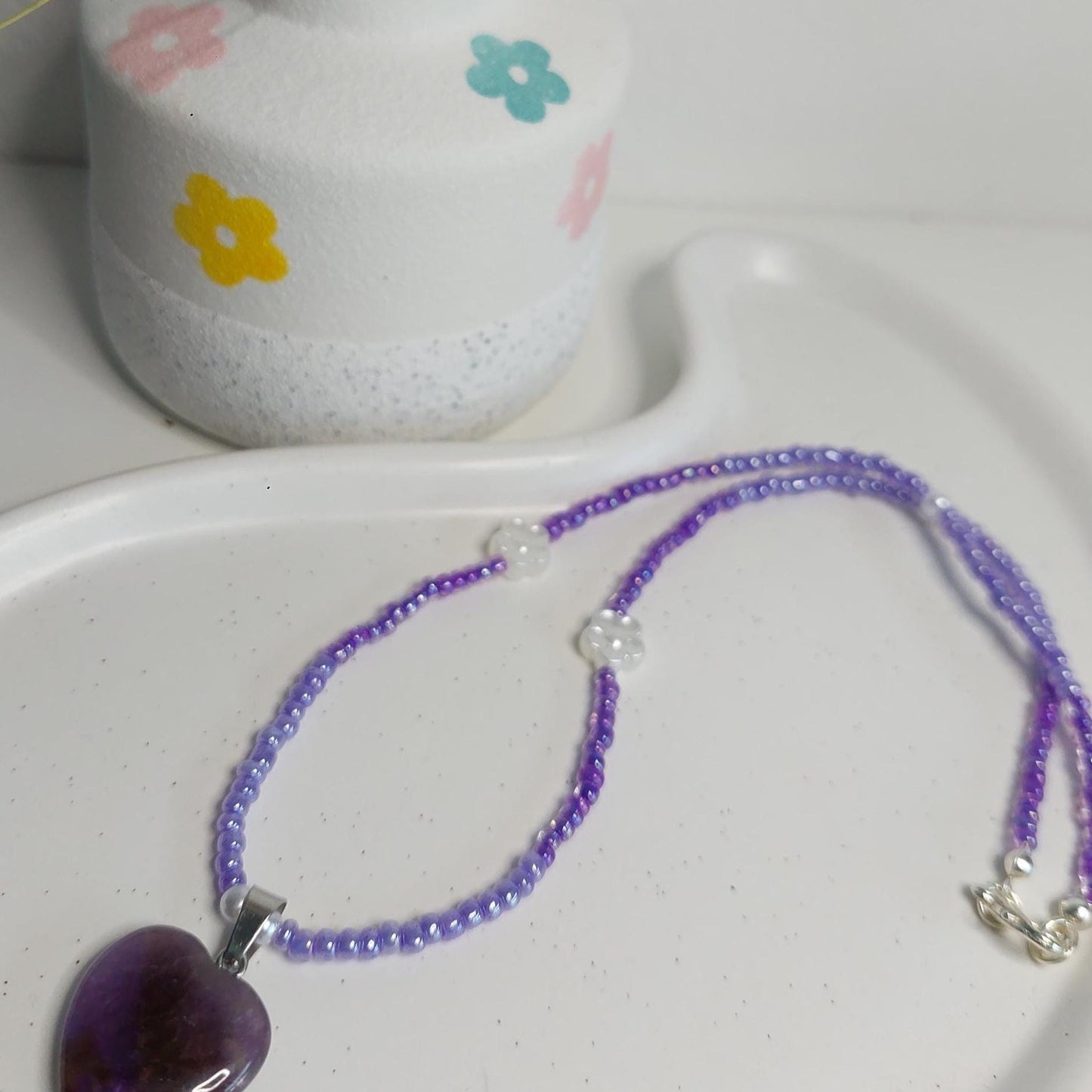 Amethyst Herz Kette lila | Edelstein | Boho handmade | Amethyst Anhänger | Elastische Perlenkette | Edelstahl Verschluss | Geschenk für sie