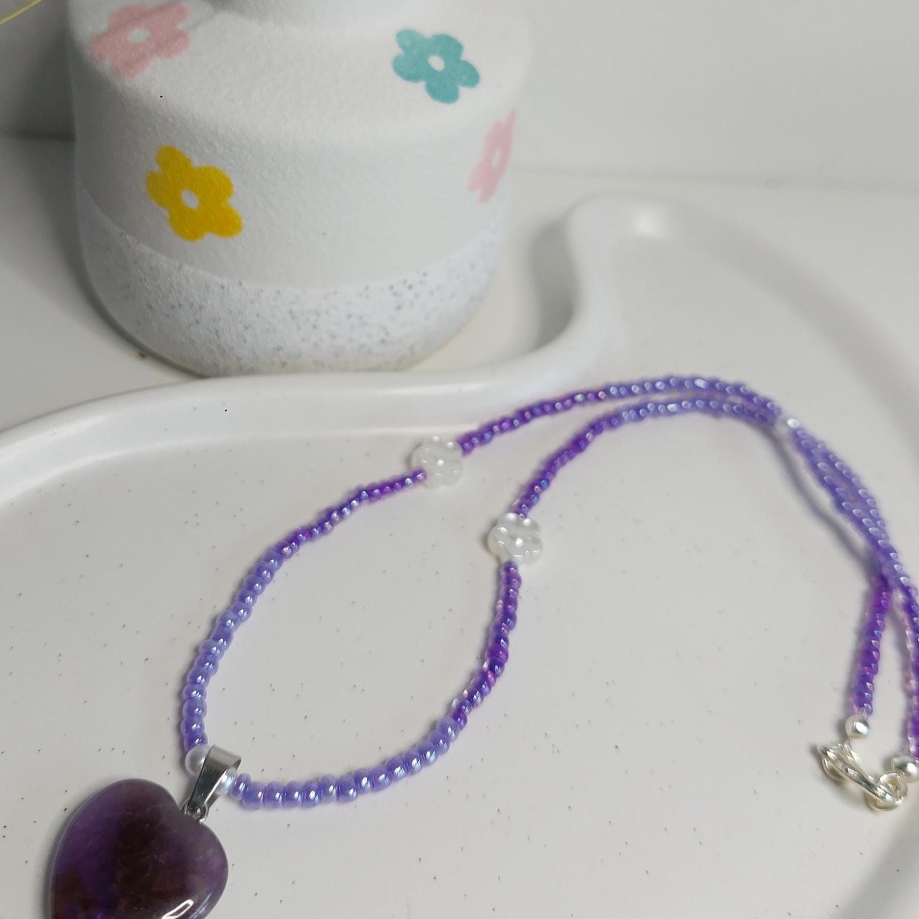 Amethyst Herz Kette lila | Edelstein | Boho handmade | Amethyst Anhänger | Elastische Perlenkette | Edelstahl Verschluss | Geschenk für sie