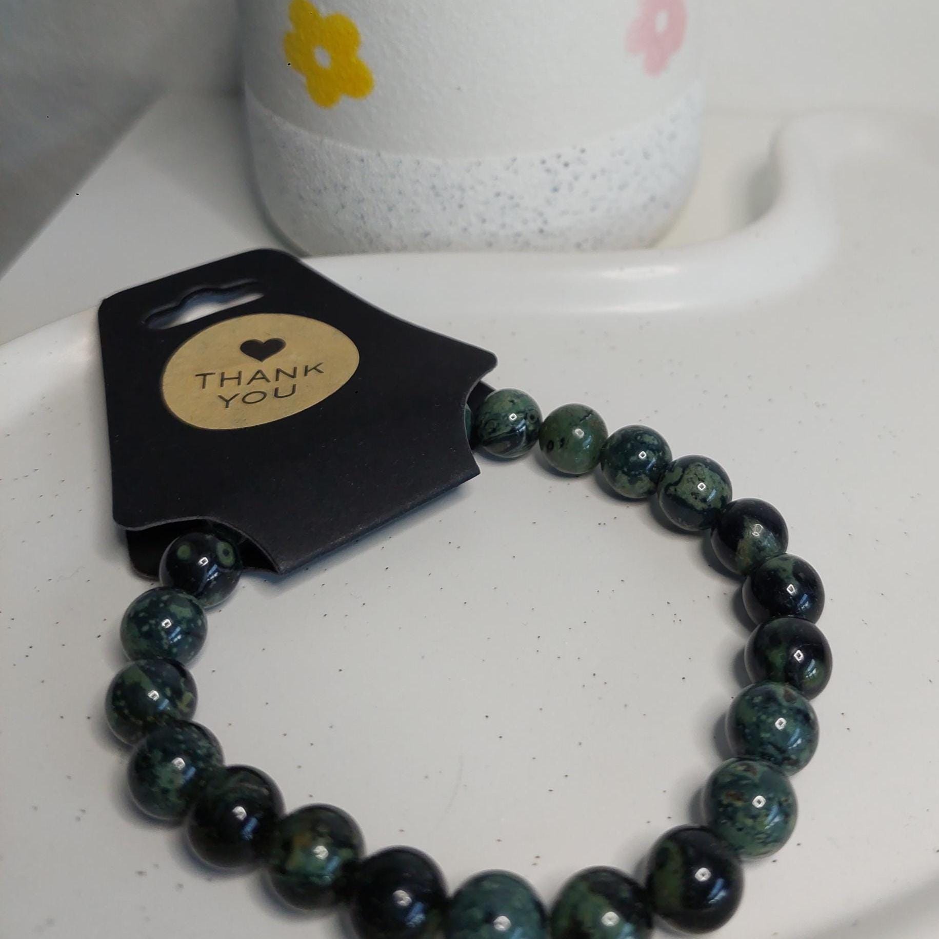 Edelstein Armband | Heilstein Armband aus echten Steinen | New Beginnings Erdbeerquarz, Moosachat, Jade | Gummiband | Handgemachtes Geschenk
