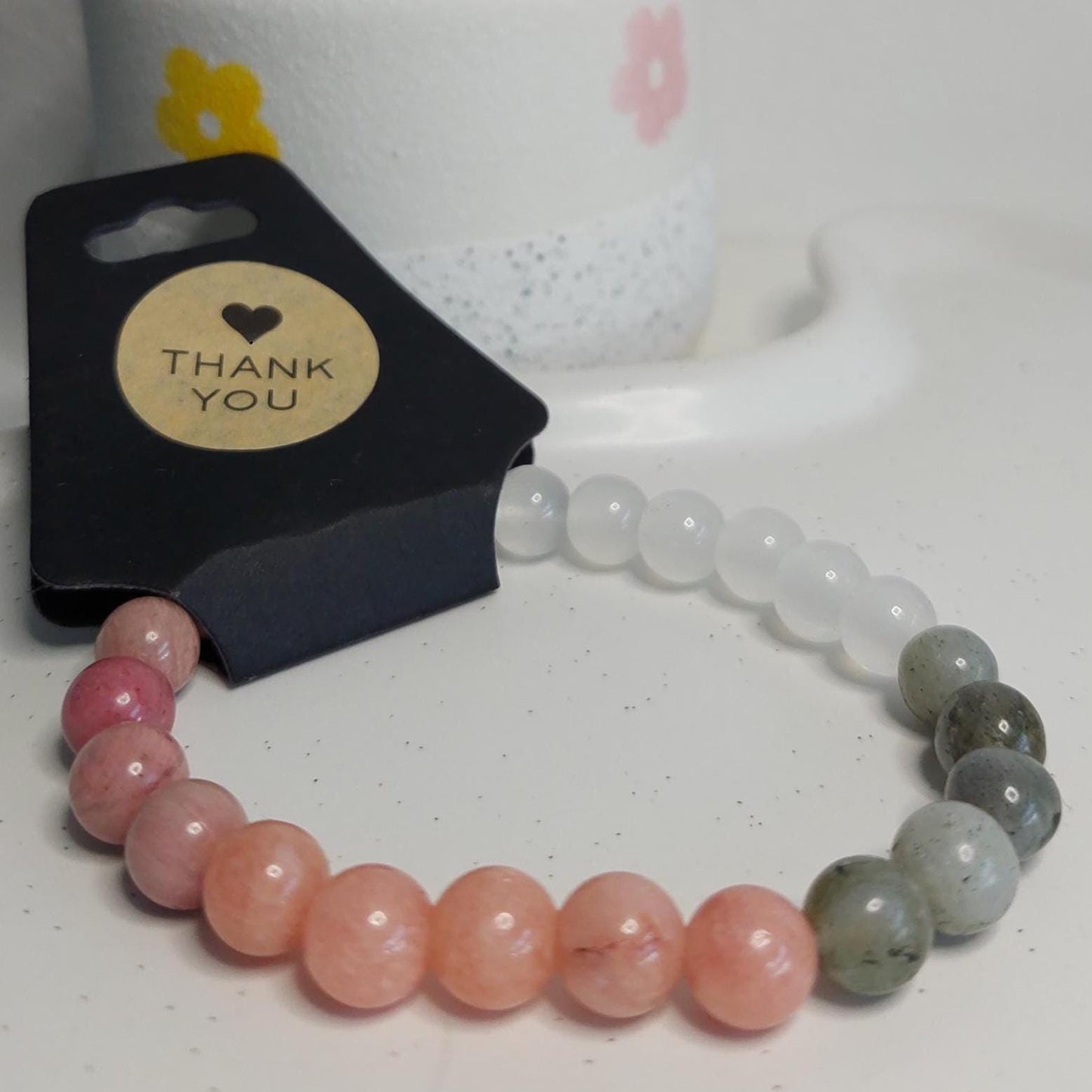 Edelstein Armband | Heilstein Armband aus echten Steinen | New Beginnings Erdbeerquarz, Moosachat, Jade | Gummiband | Handgemachtes Geschenk