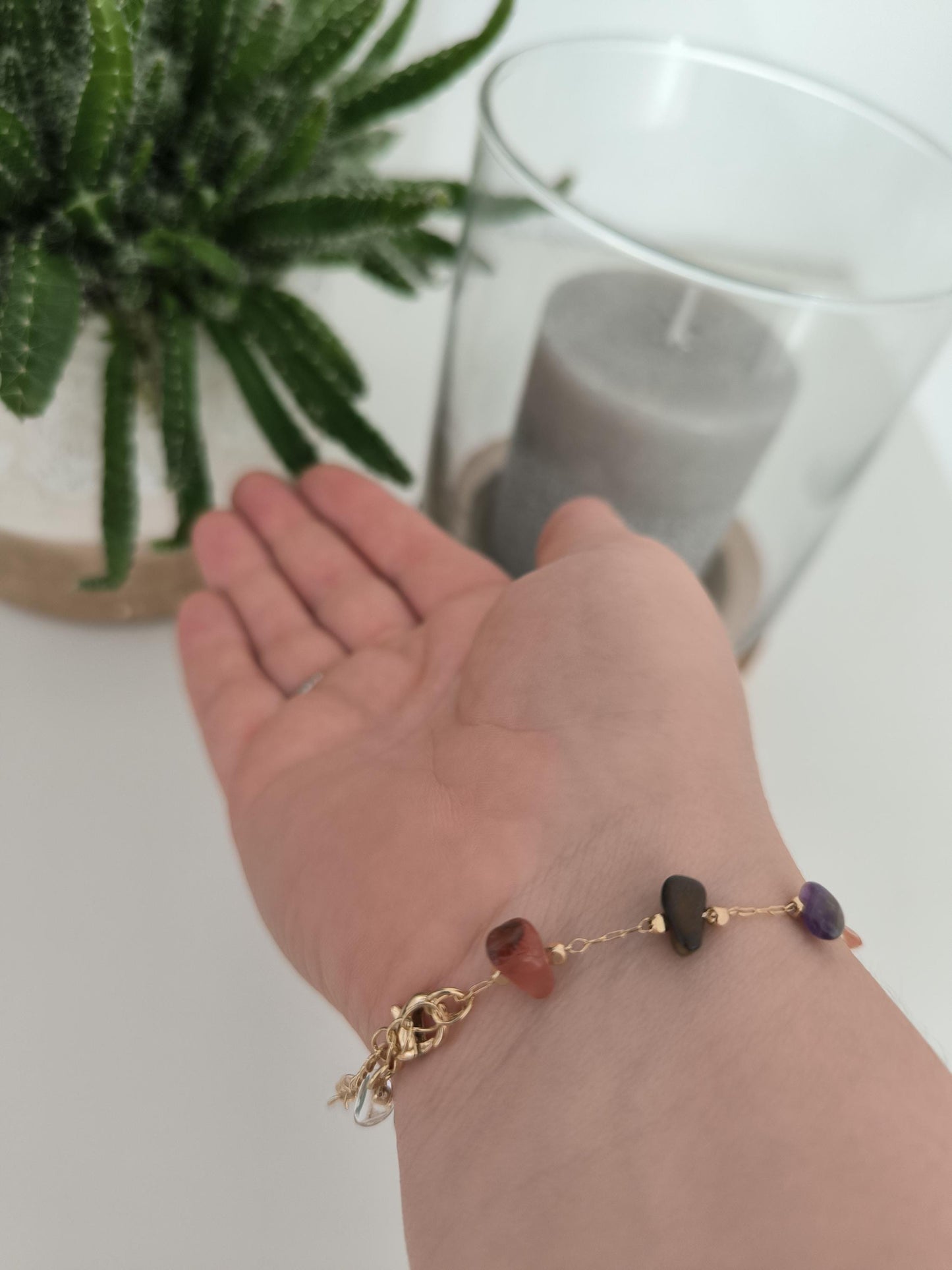 Edelstahl Armband vergoldet mit Edelsteinen – Amethyst, Tigerauge, Bergkristall, Jade – Schmuck Geschenk Damen Armband | Boho | Heilung