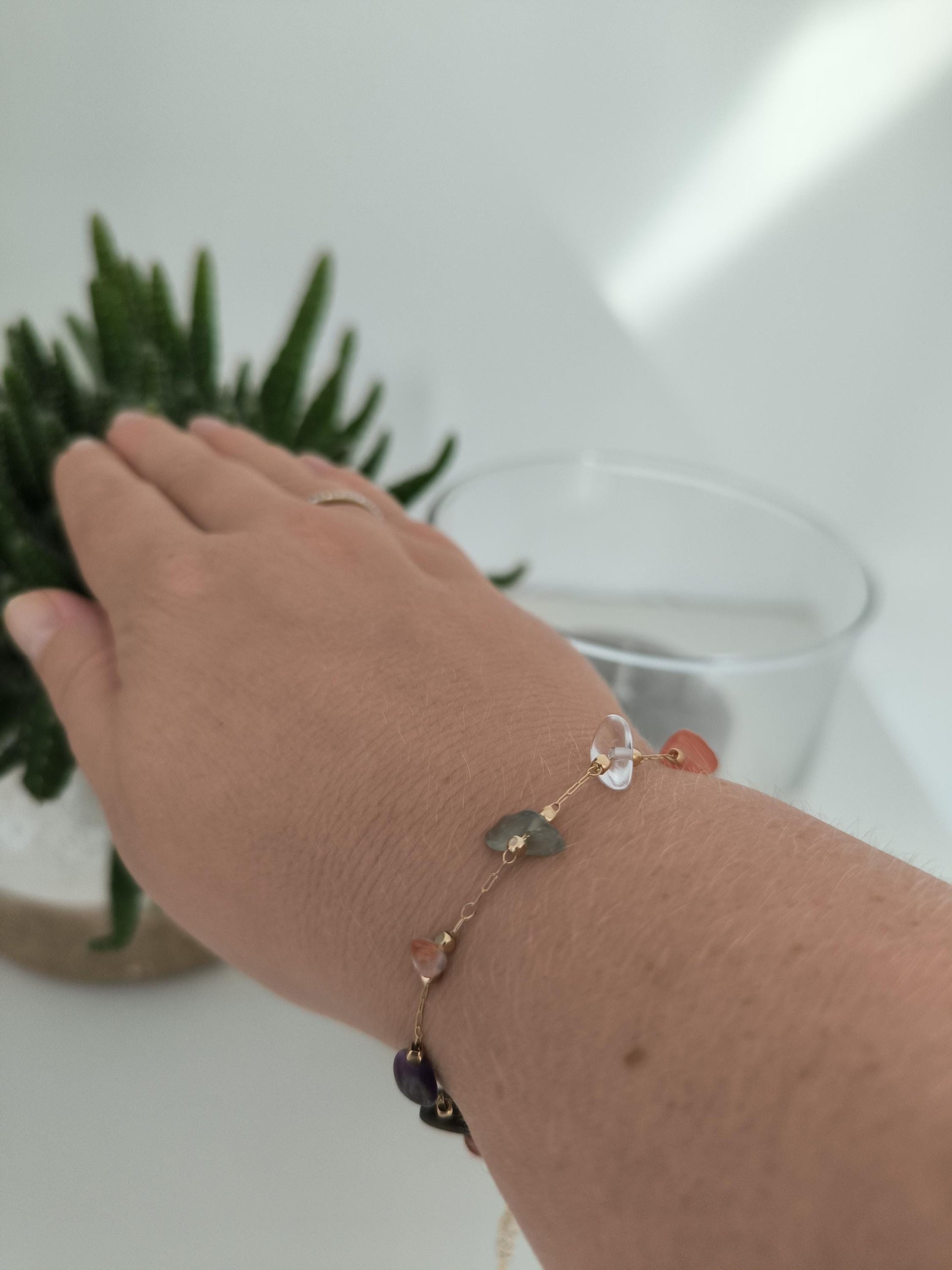 Edelstahl Armband vergoldet mit Edelsteinen – Amethyst, Tigerauge, Bergkristall, Jade – Schmuck Geschenk Damen Armband | Boho | Heilung