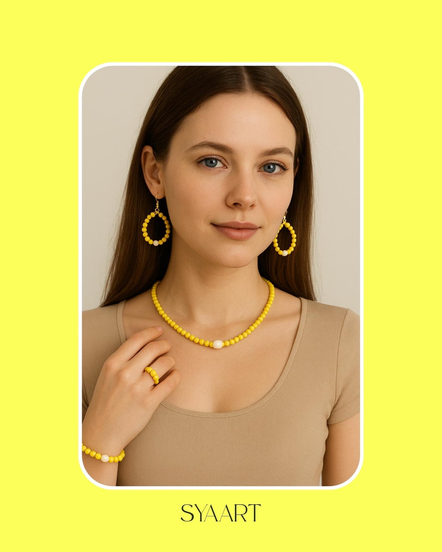 Handgemachtes Schmuck Set Gelb – Beaded Halskette, Creolen & Ring mit Perlen – Sommer Schmuck, Geschenk für Frauen - Boho - Modern