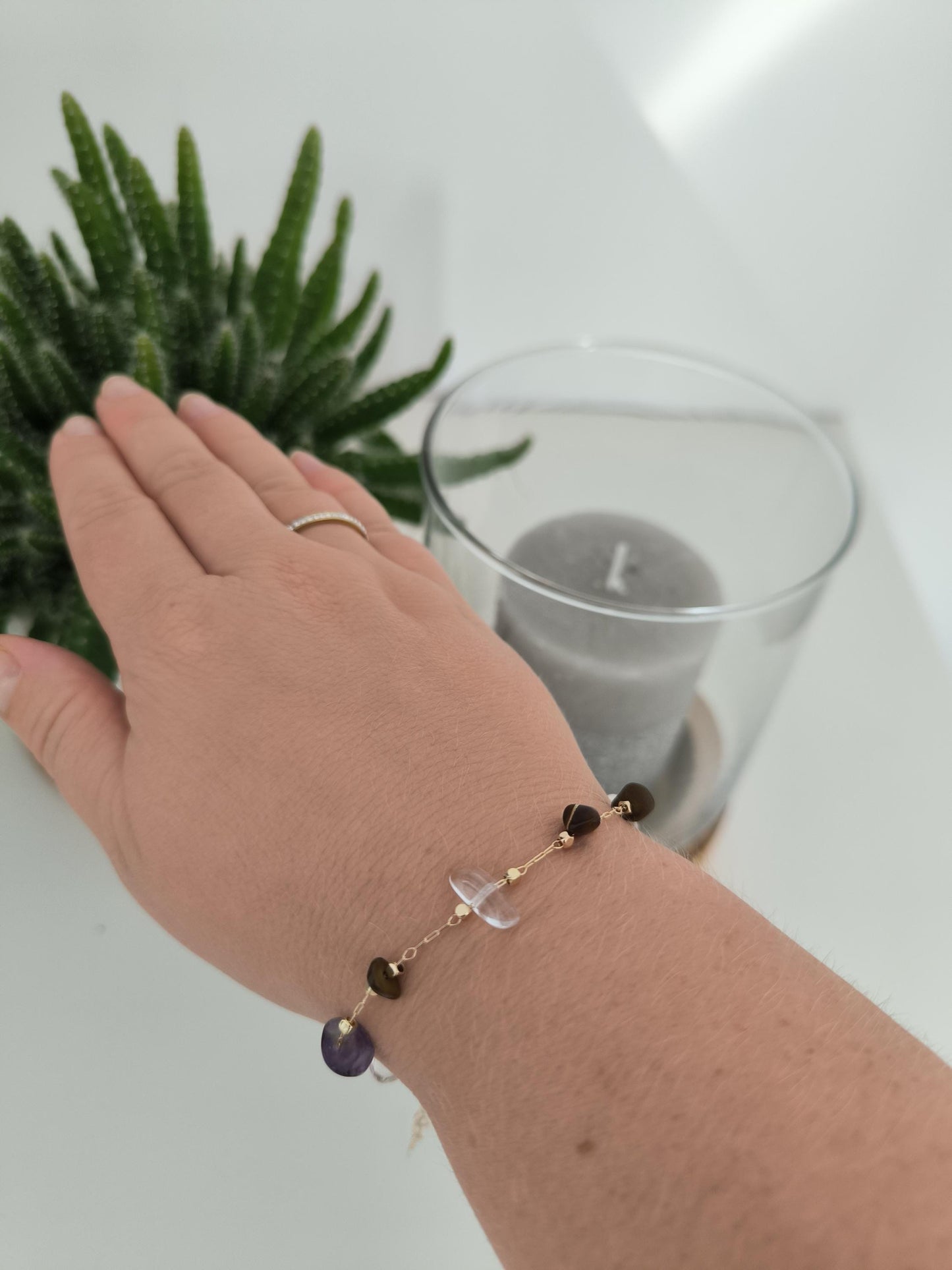 Edelstahl Armband vergoldet mit Edelsteinen – Amethyst, Tigerauge, Bergkristall, Jade – Schmuck Geschenk Damen Armband | Boho | Heilung