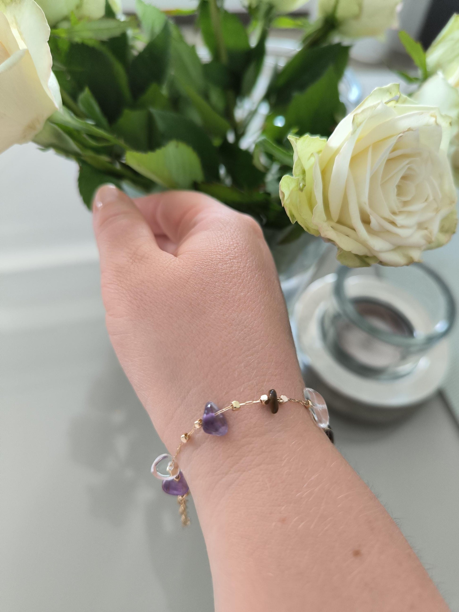 Edelstahl Armband vergoldet mit Edelsteinen – Amethyst, Tigerauge, Bergkristall, Jade – Schmuck Geschenk Damen Armband | Boho | Heilung