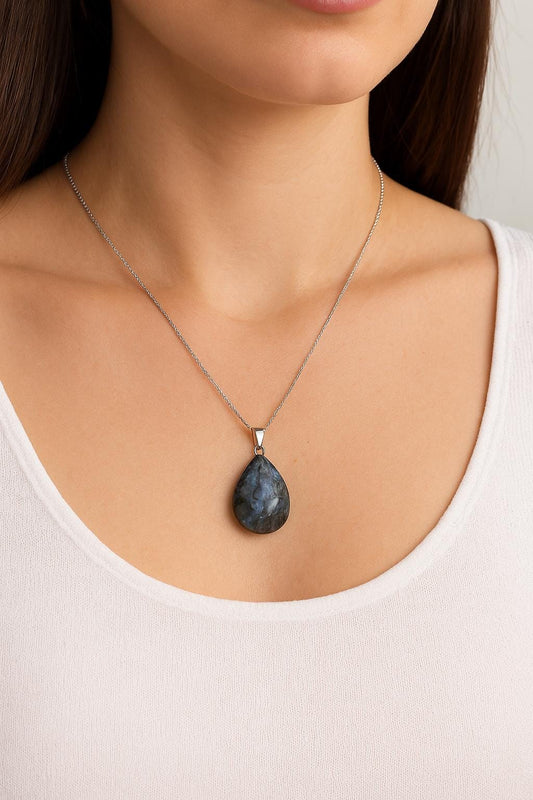 Larvikit Kette Wassertropfen – Schutzstein Halskette, Naturstein Schmuck, Heilstein Geschenk für Sie, Lederband, Edelstahlkette, Stainless
