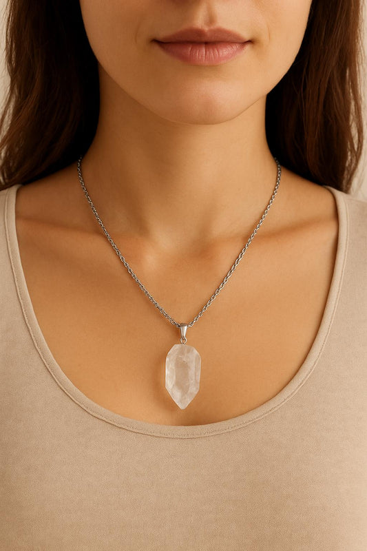 Bergkristall Kette aus Edlstahl oder Lederband – Heilstein Schmuck, Kristall Anhänger XS S M, Naturstein Halskette, Boho, Geschenk für Sie